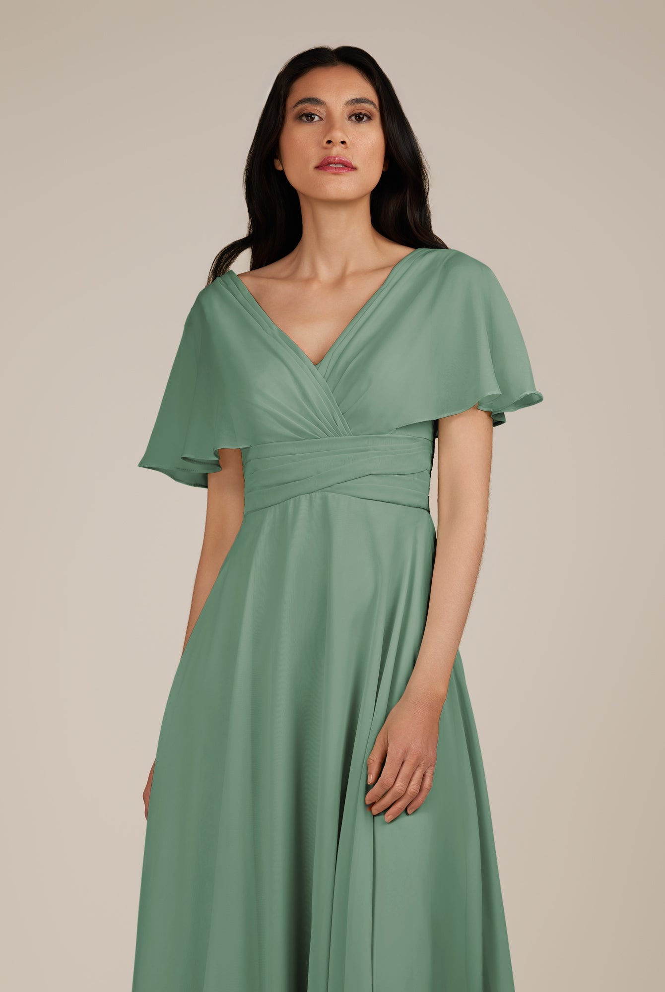 KissDress-Jasper Sea Glass A Line Chiffon Cap Sleeves V Neck Long Bridesmaid Dress with Pleats