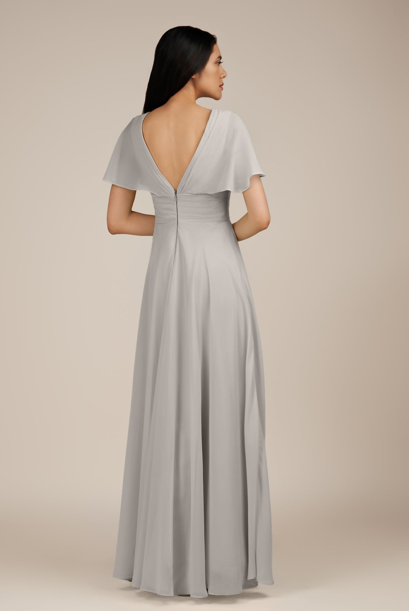 KissDress-Jasper Silver A Line Chiffon Cap Sleeves V Neck Long Bridesmaid Dress with Pleats