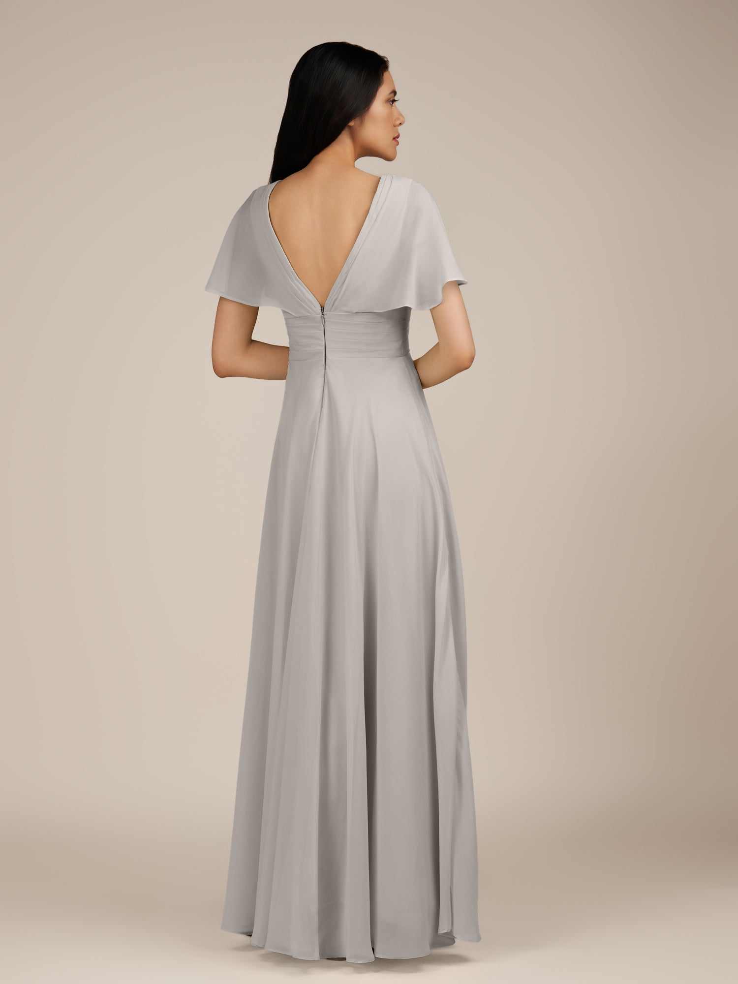 KissDress-Jasper Silver A Line Chiffon Cap Sleeves V Neck Long Bridesmaid Dress with Pleats