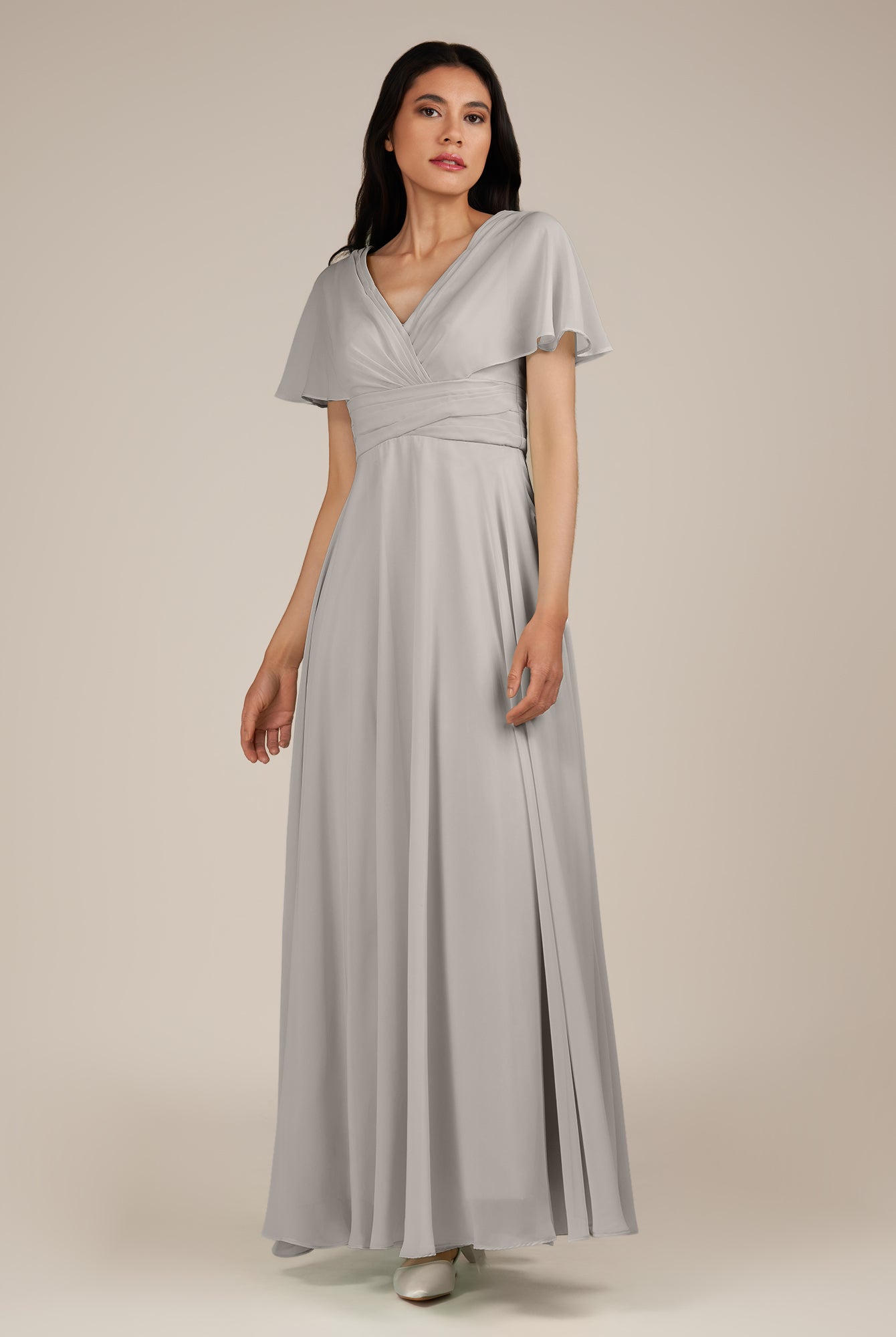 KissDress-Jasper Silver A Line Chiffon Cap Sleeves V Neck Long Bridesmaid Dress with Pleats