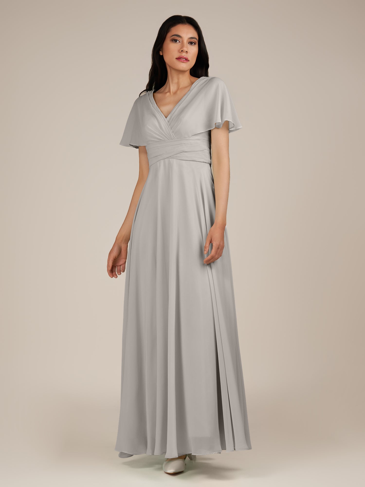 KissDress-Jasper Silver A Line Chiffon Cap Sleeves V Neck Long Bridesmaid Dress with Pleats