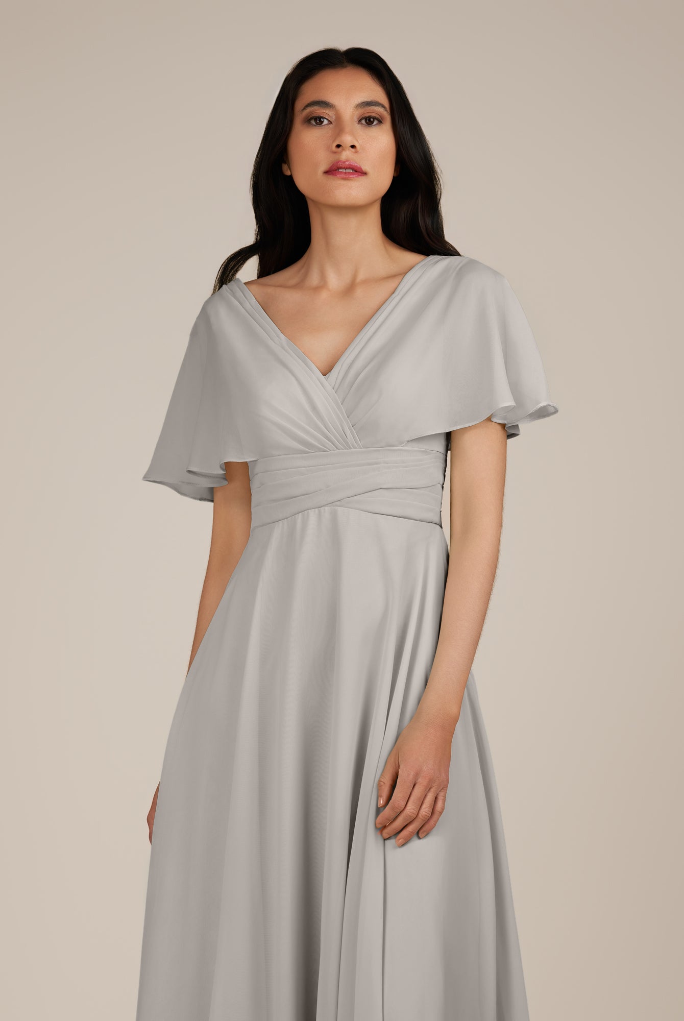 KissDress-Jasper Silver A Line Chiffon Cap Sleeves V Neck Long Bridesmaid Dress with Pleats