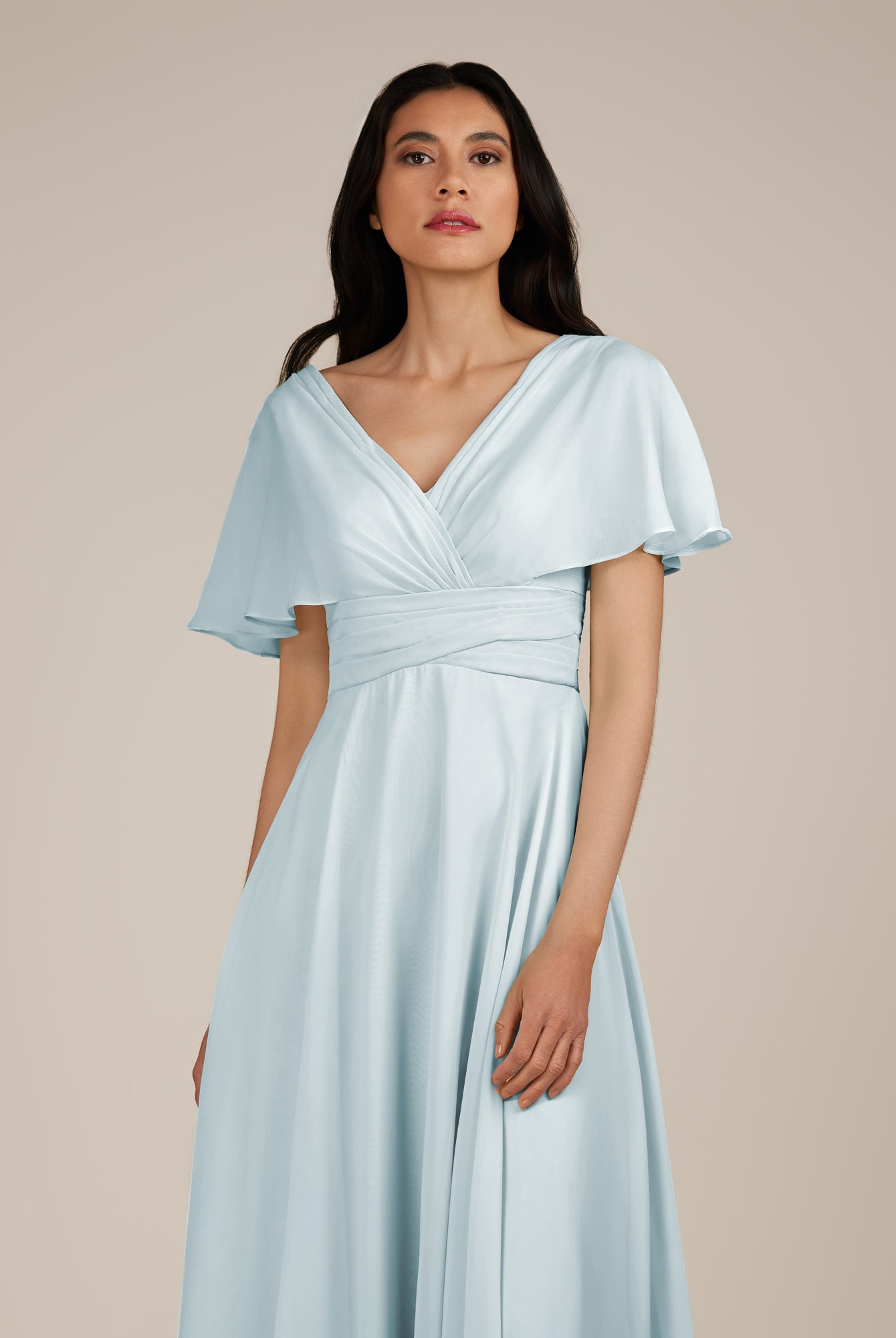 KissDress-Jasper Sky Blue A Line Chiffon Cap Sleeves V Neck Long Bridesmaid Dress with Pleats