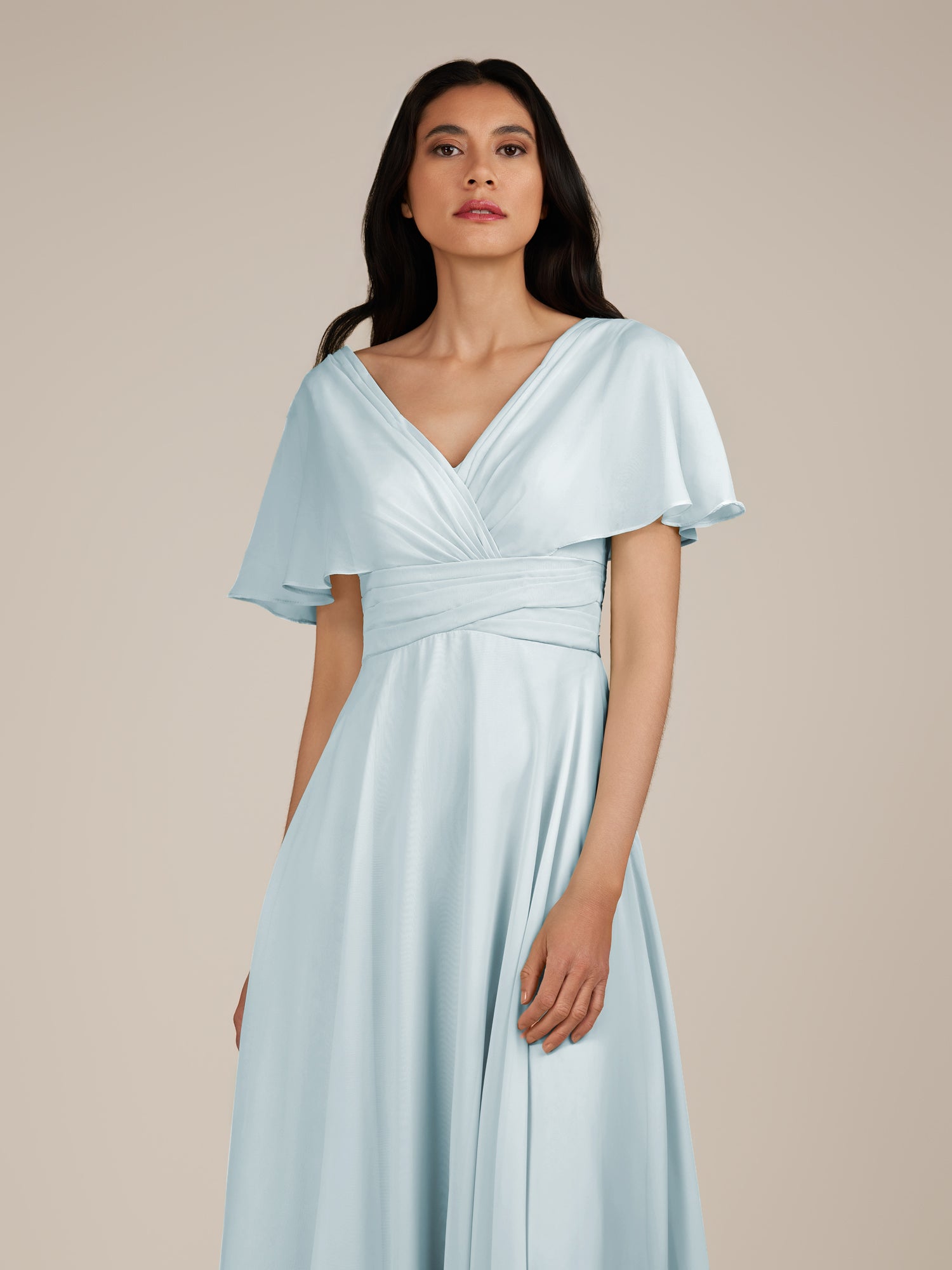 KissDress-Jasper Sky Blue A Line Chiffon Cap Sleeves V Neck Long Bridesmaid Dress with Pleats