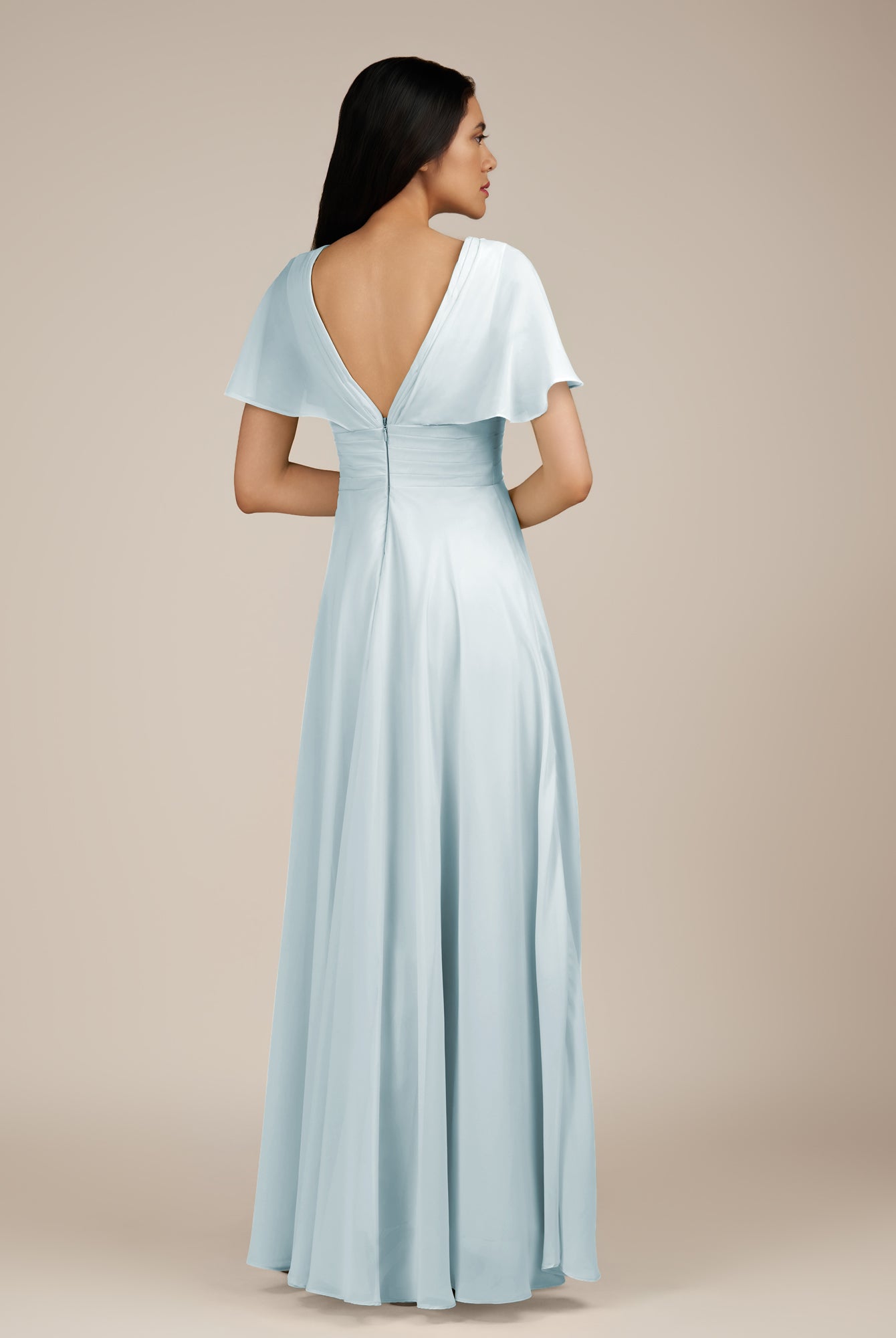 KissDress-Jasper Sky Blue A Line Chiffon Cap Sleeves V Neck Long Bridesmaid Dress with Pleats