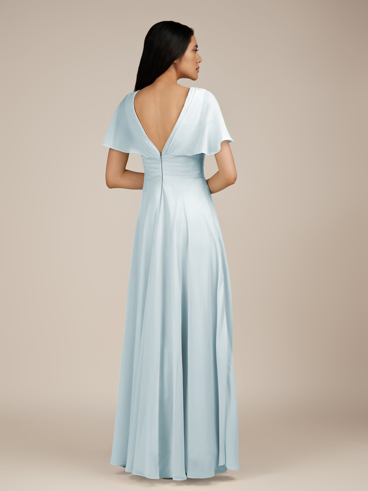 KissDress-Jasper Sky Blue A Line Chiffon Cap Sleeves V Neck Long Bridesmaid Dress with Pleats