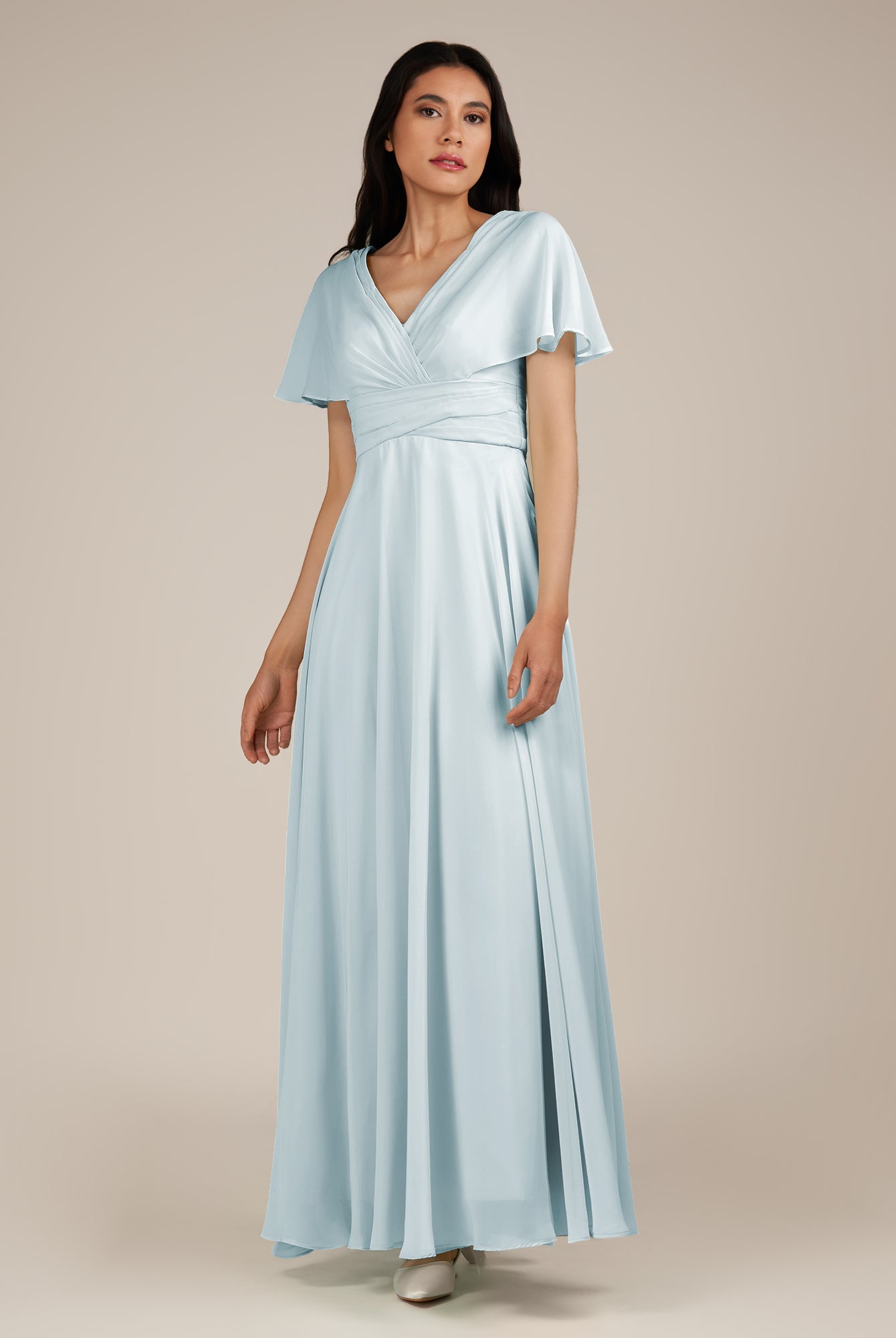 KissDress-Jasper Sky Blue A Line Chiffon Cap Sleeves V Neck Long Bridesmaid Dress with Pleats