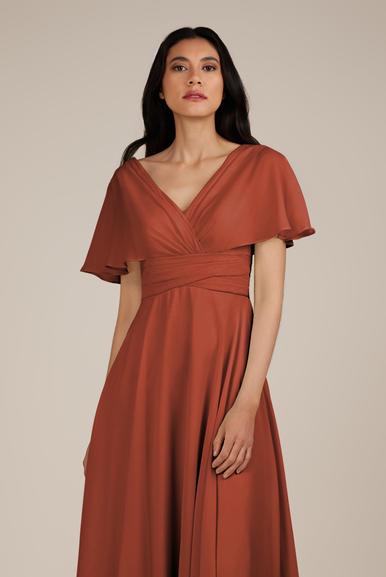 KissDress-Jasper Spice A Line Chiffon Cap Sleeves V Neck Long Bridesmaid Dress with Pleats