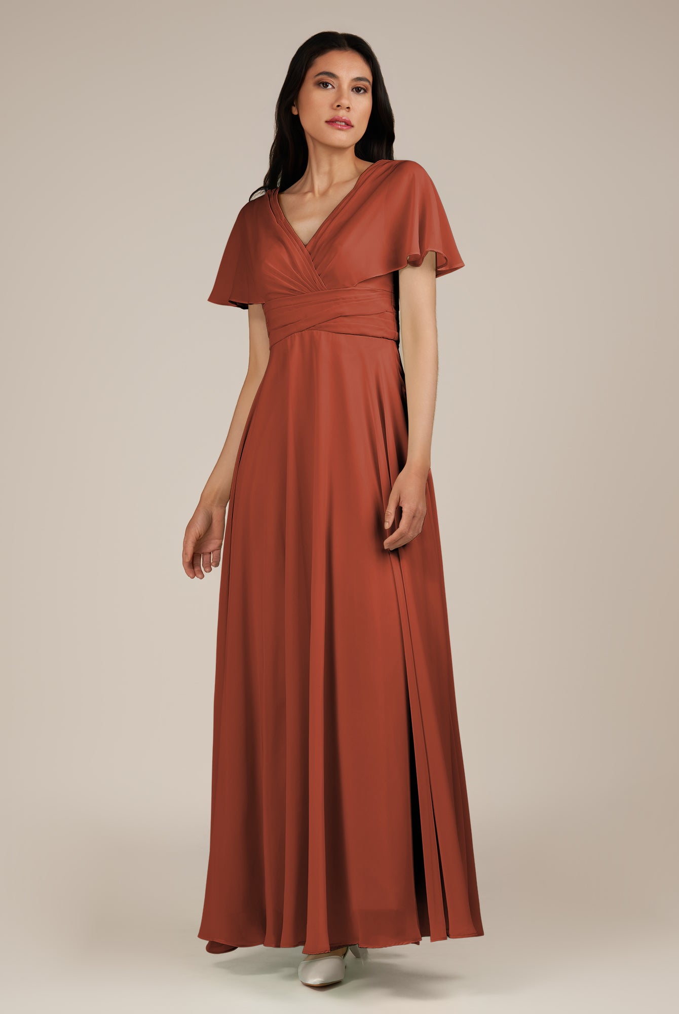 KissDress-Jasper Spice A Line Chiffon Cap Sleeves V Neck Long Bridesmaid Dress with Pleats