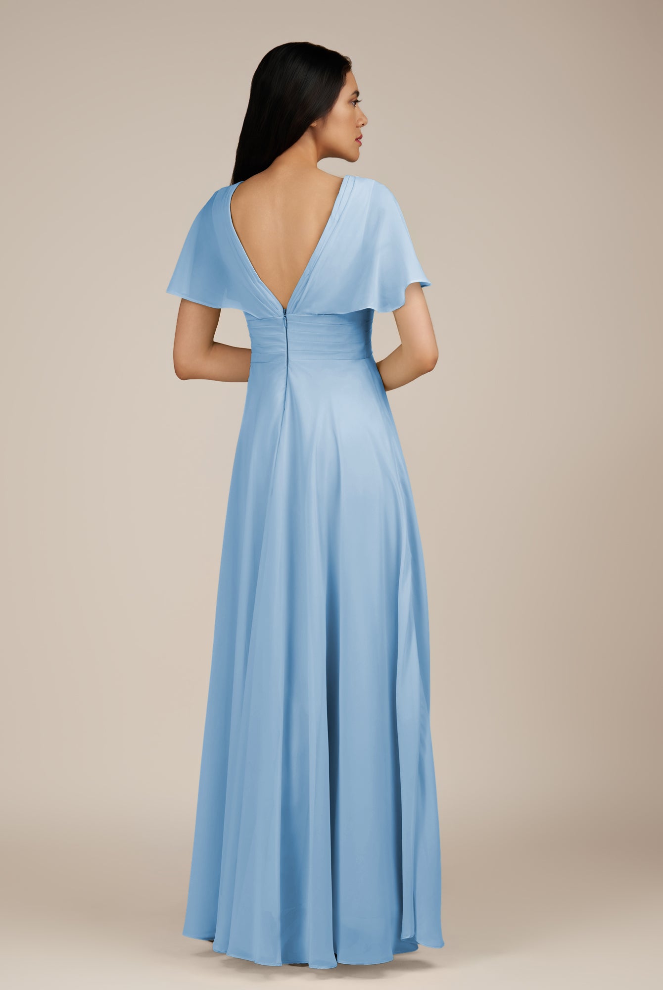 KissDress-Jasper Steel Blue A Line Chiffon Cap Sleeves V Neck Long Bridesmaid Dress with Pleats