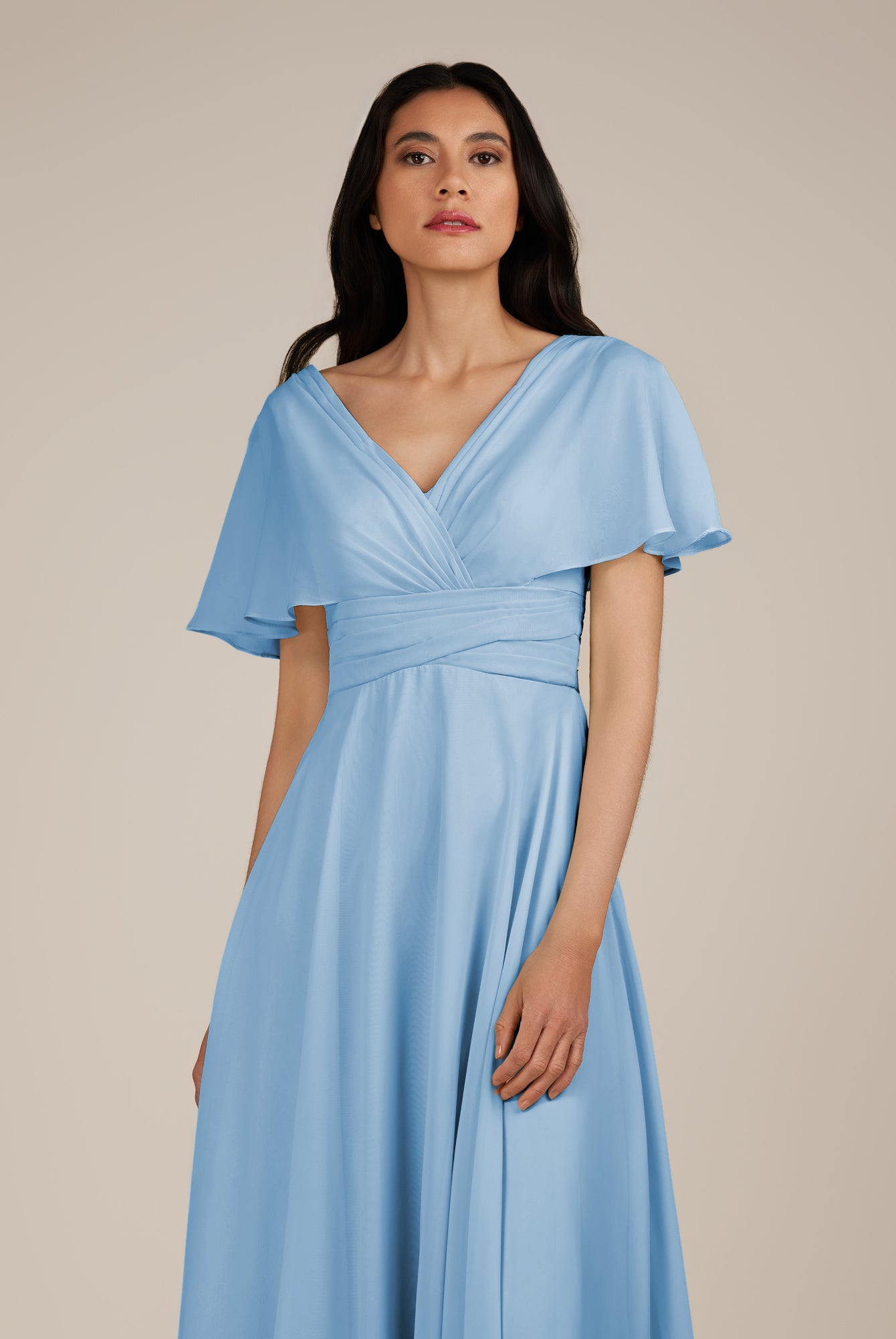 KissDress-Jasper Steel Blue A Line Chiffon Cap Sleeves V Neck Long Bridesmaid Dress with Pleats