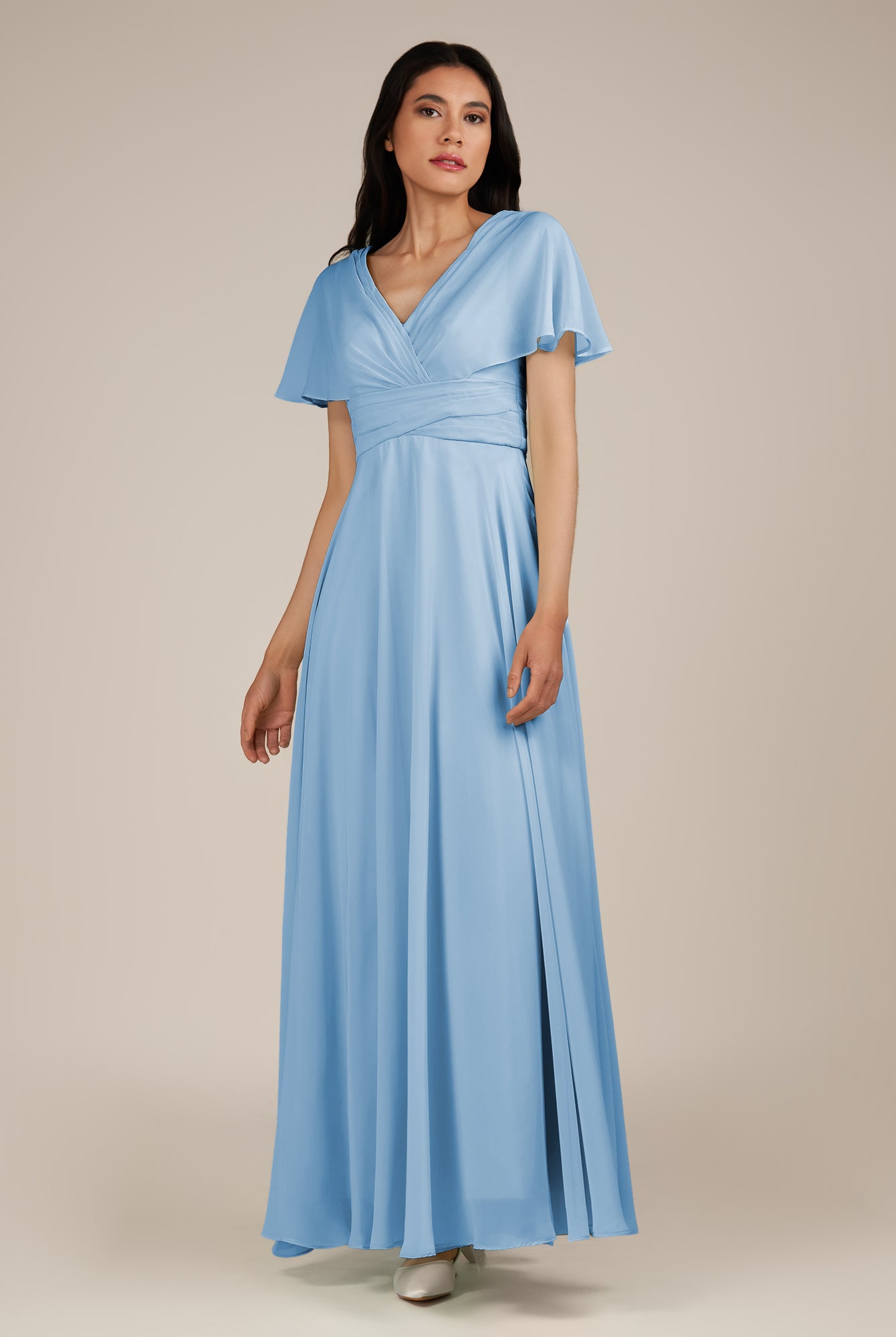 KissDress-Jasper Steel Blue A Line Chiffon Cap Sleeves V Neck Long Bridesmaid Dress with Pleats