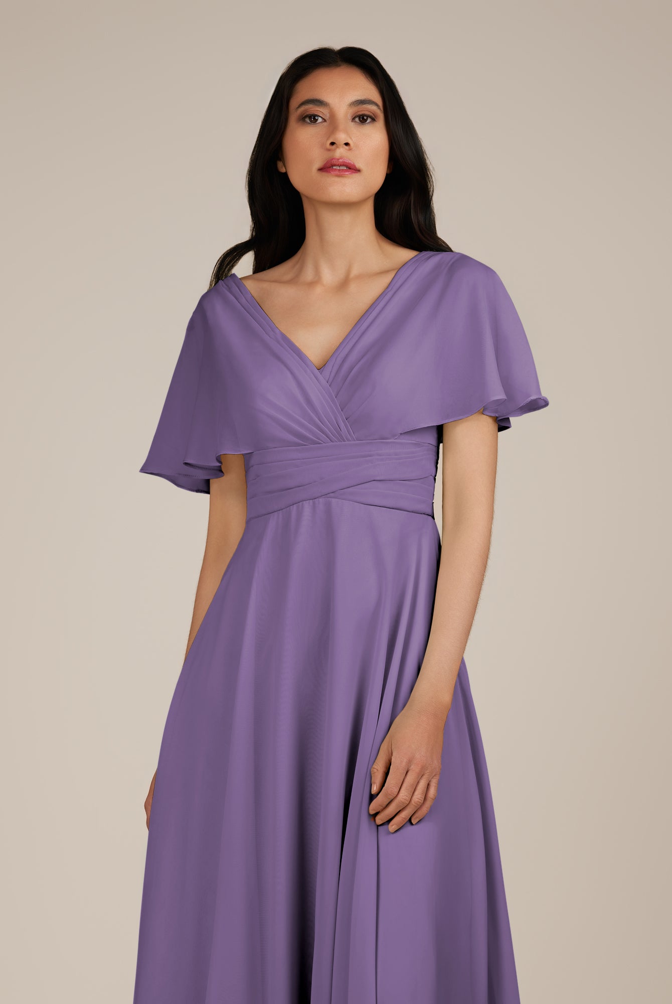 KissDress-Jasper Tahiti A Line Chiffon Cap Sleeves V Neck Long Bridesmaid Dress with Pleats