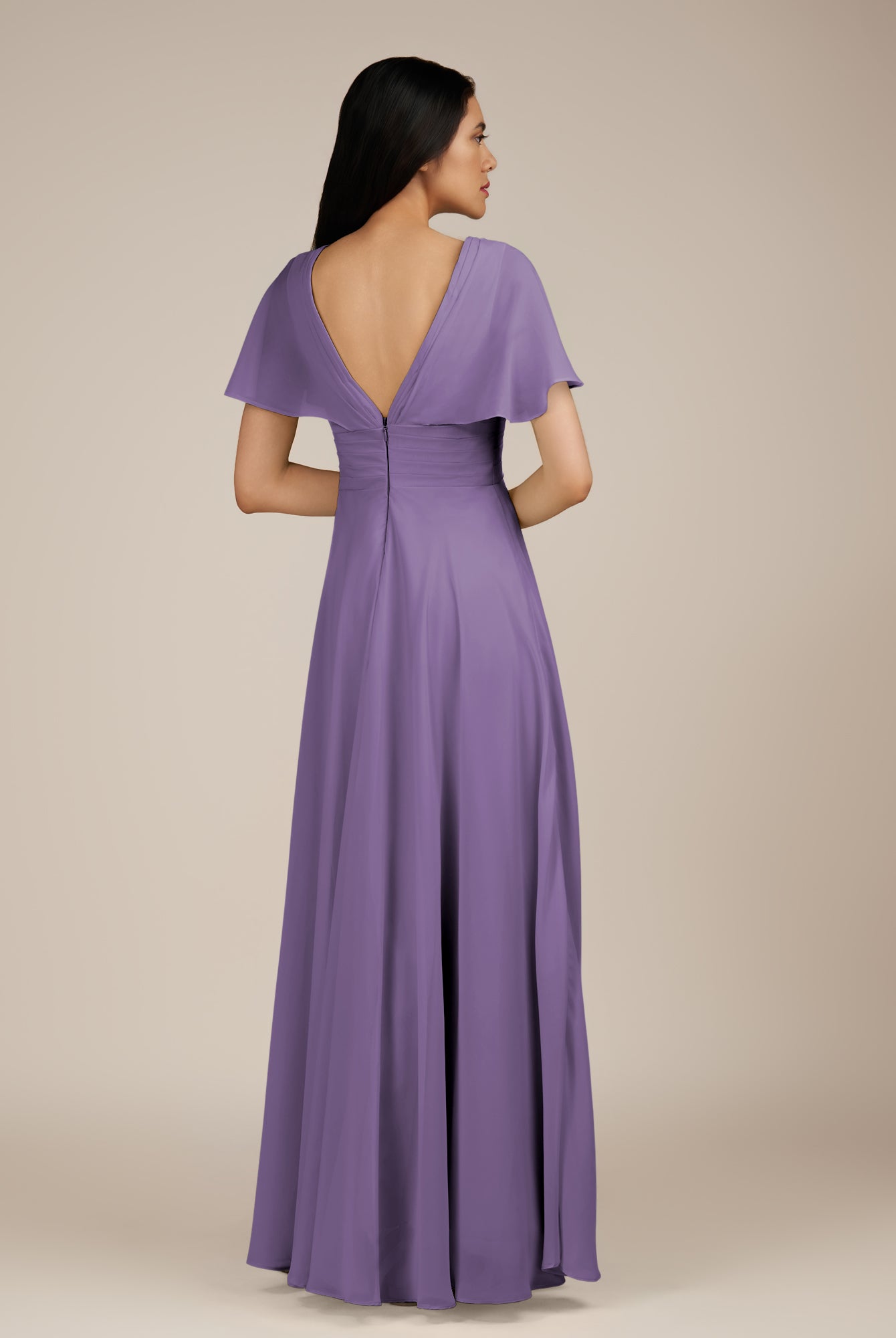 KissDress-Jasper Tahiti A Line Chiffon Cap Sleeves V Neck Long Bridesmaid Dress with Pleats
