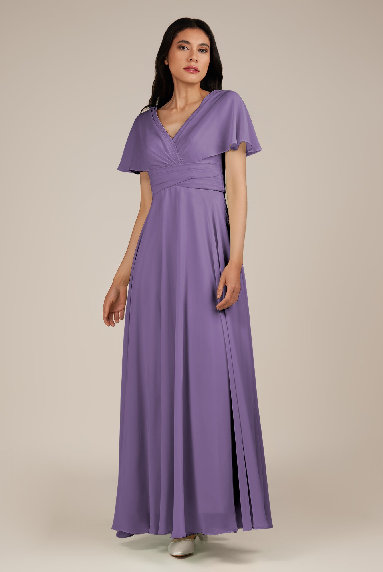 KissDress-Jasper Tahiti A Line Chiffon Cap Sleeves V Neck Long Bridesmaid Dress with Pleats