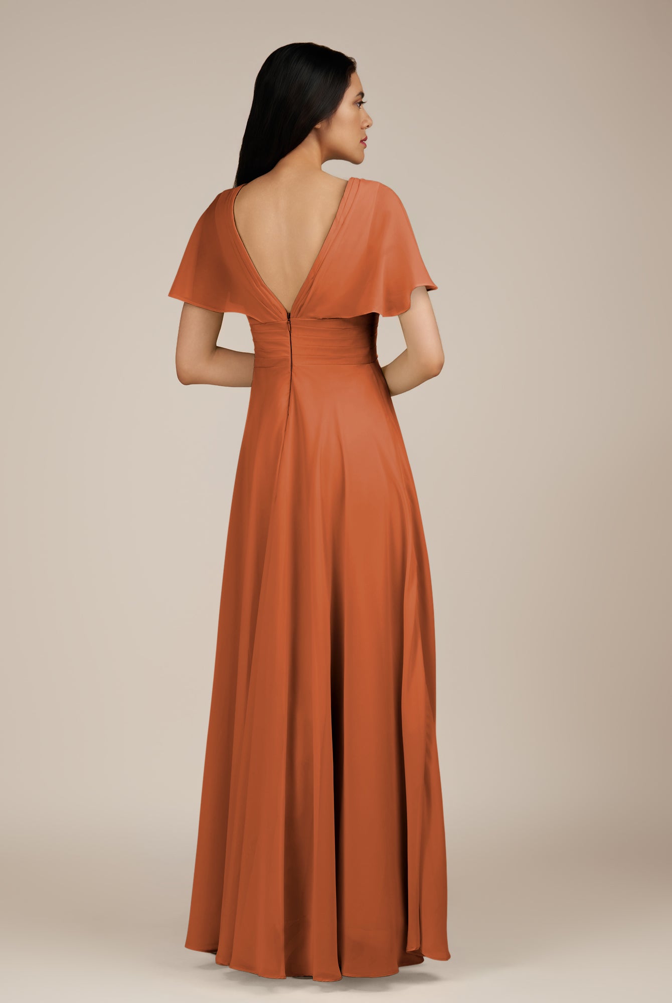 KissDress-Jasper Terracotta A Line Chiffon Cap Sleeves V Neck Long Bridesmaid Dress with Pleats