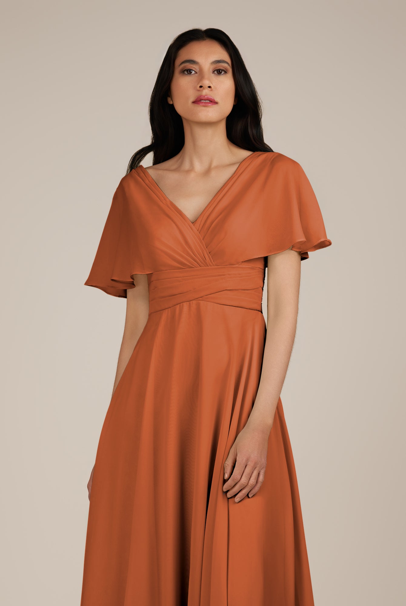 KissDress-Jasper Terracotta A Line Chiffon Cap Sleeves V Neck Long Bridesmaid Dress with Pleats