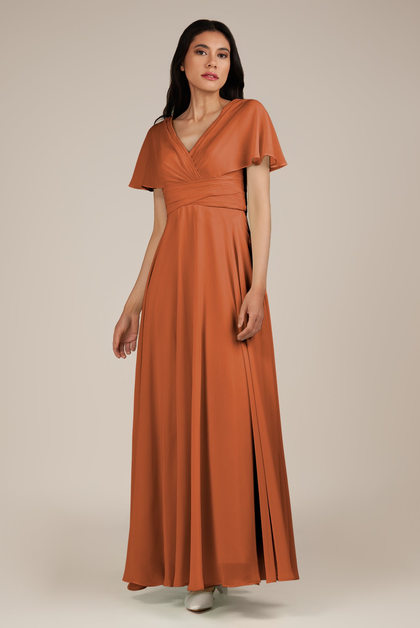 KissDress-Jasper Terracotta A Line Chiffon Cap Sleeves V Neck Long Bridesmaid Dress with Pleats