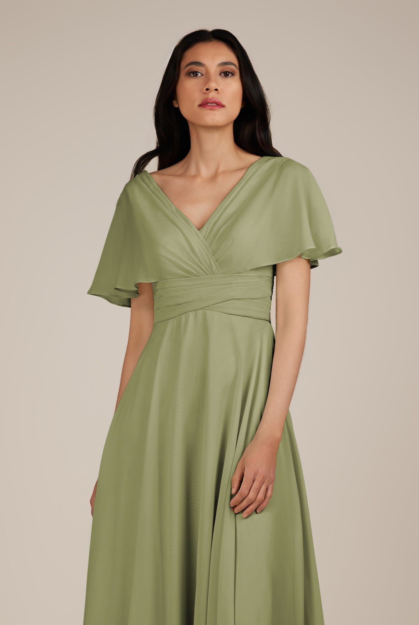 KissDress-Jasper Thyme A Line Chiffon Cap Sleeves V Neck Long Bridesmaid Dress with Pleats