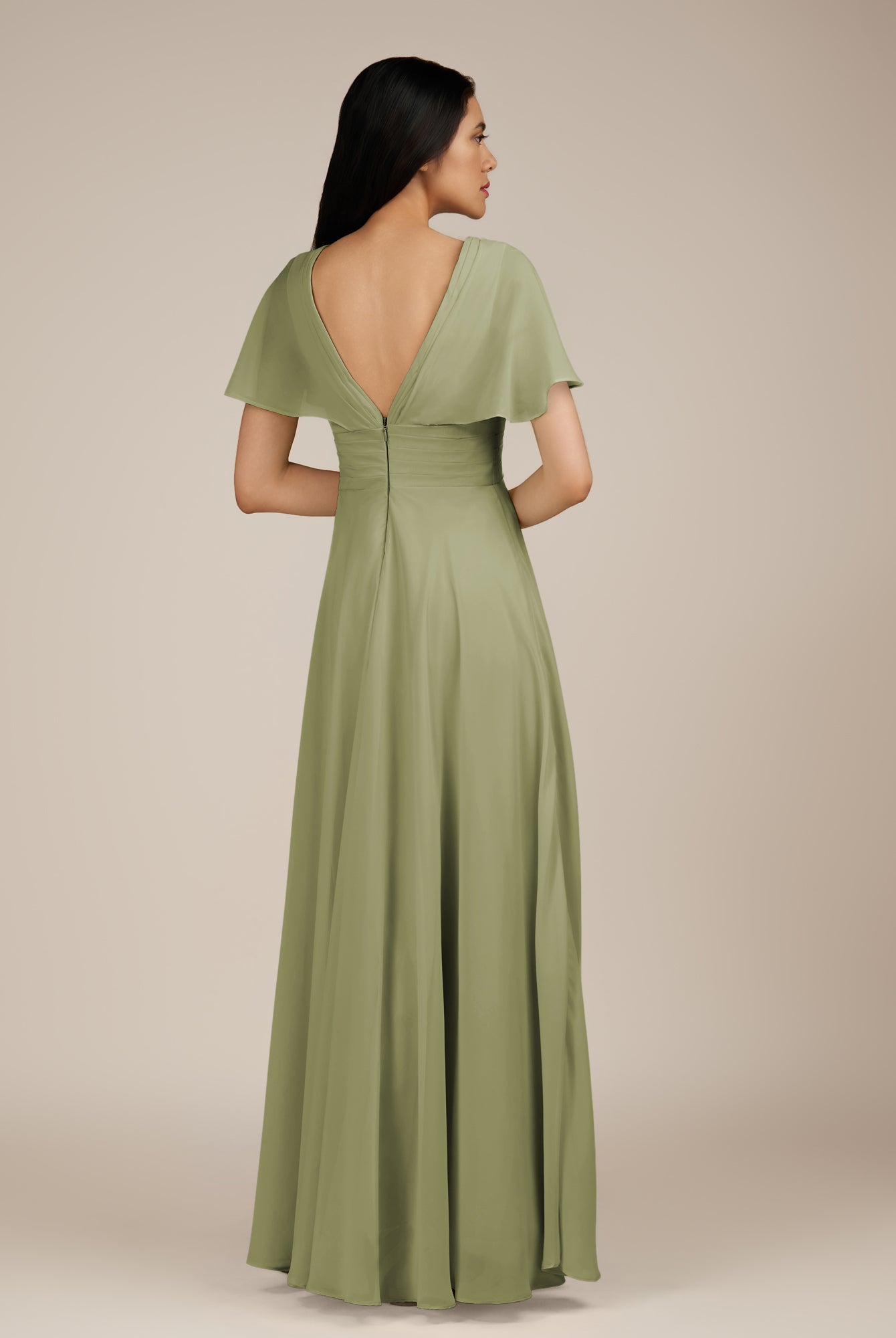 KissDress-Jasper Thyme A Line Chiffon Cap Sleeves V Neck Long Bridesmaid Dress with Pleats