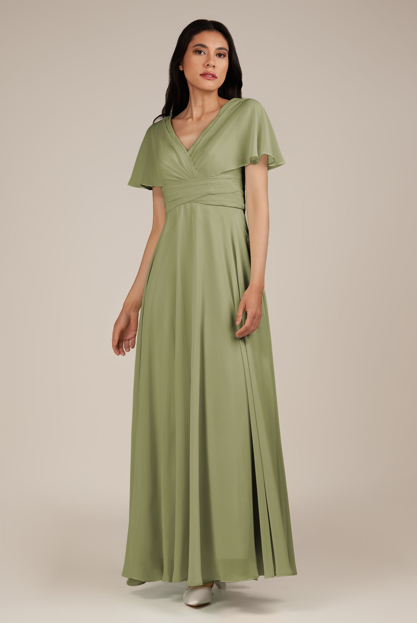 KissDress-Jasper Thyme A Line Chiffon Cap Sleeves V Neck Long Bridesmaid Dress with Pleats