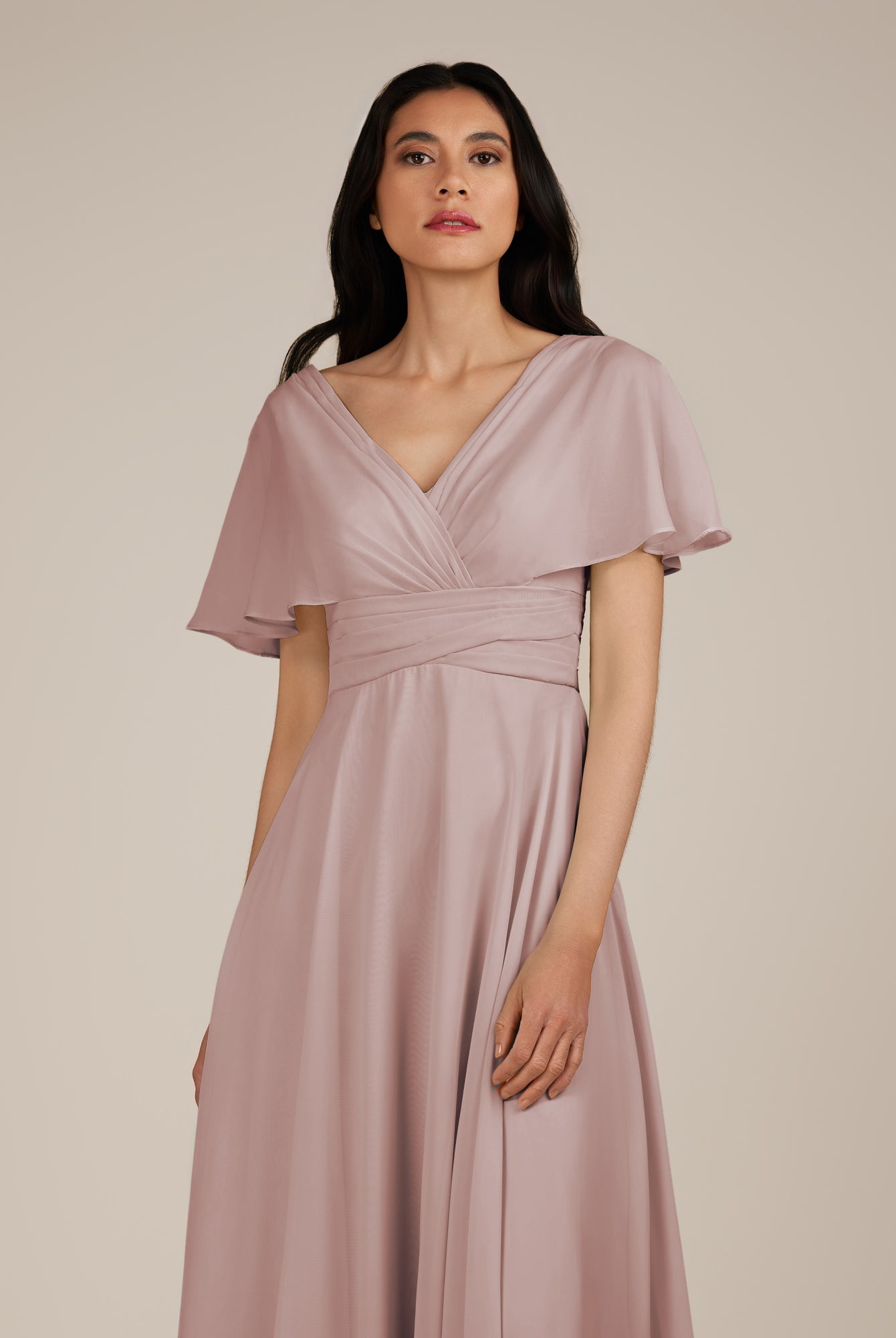 KissDress-Jasper Toffee A Line Chiffon Cap Sleeves V Neck Long Bridesmaid Dress with Pleats