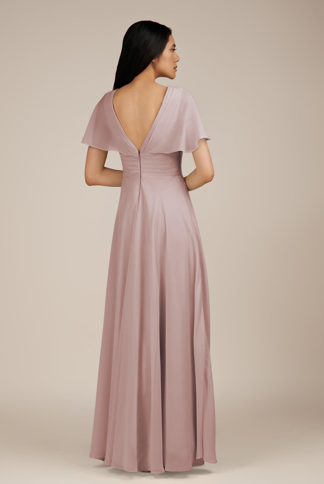 KissDress-Jasper Toffee A Line Chiffon Cap Sleeves V Neck Long Bridesmaid Dress with Pleats