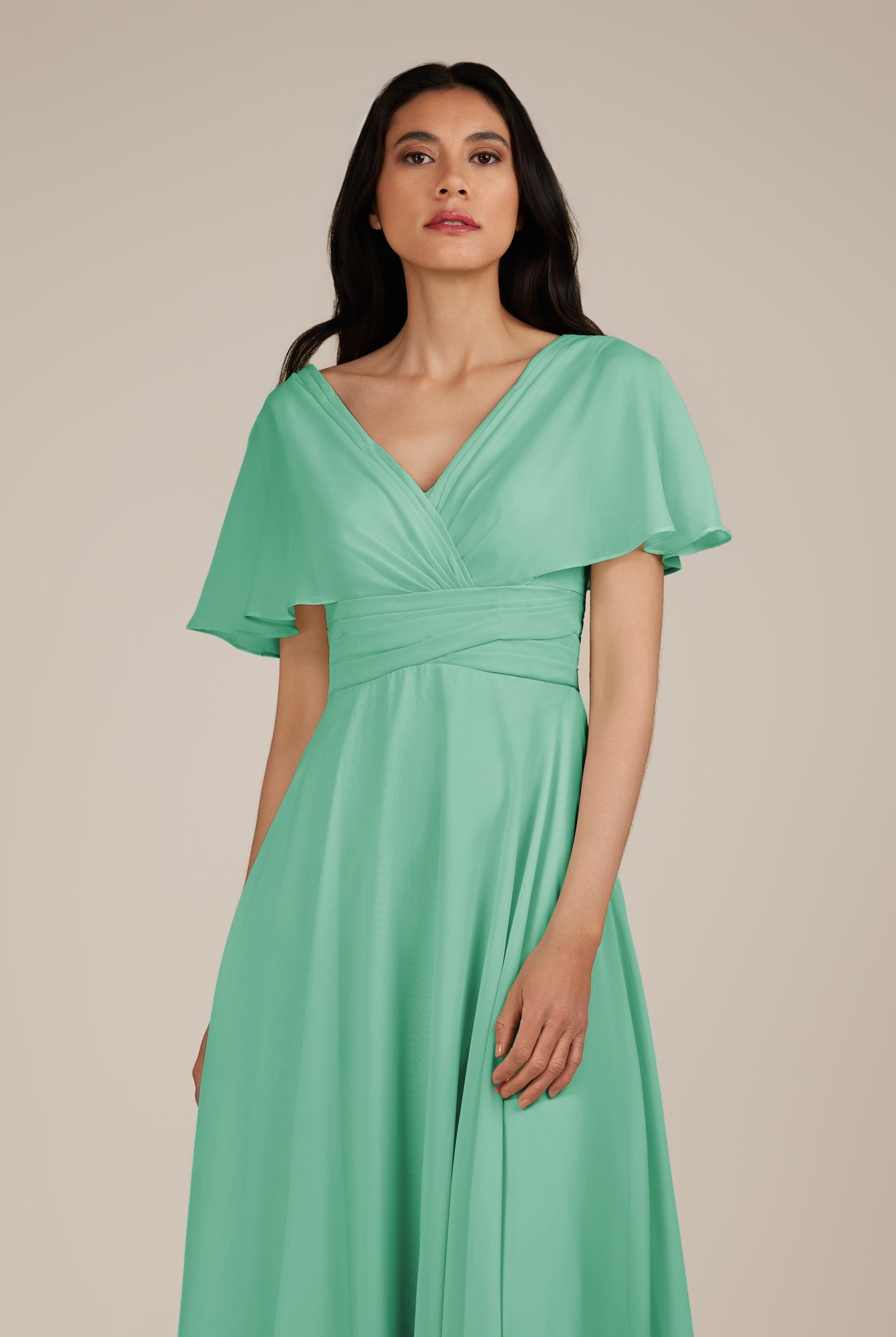 KissDress-Jasper Turquoise A Line Chiffon Cap Sleeves V Neck Long Bridesmaid Dress with Pleats