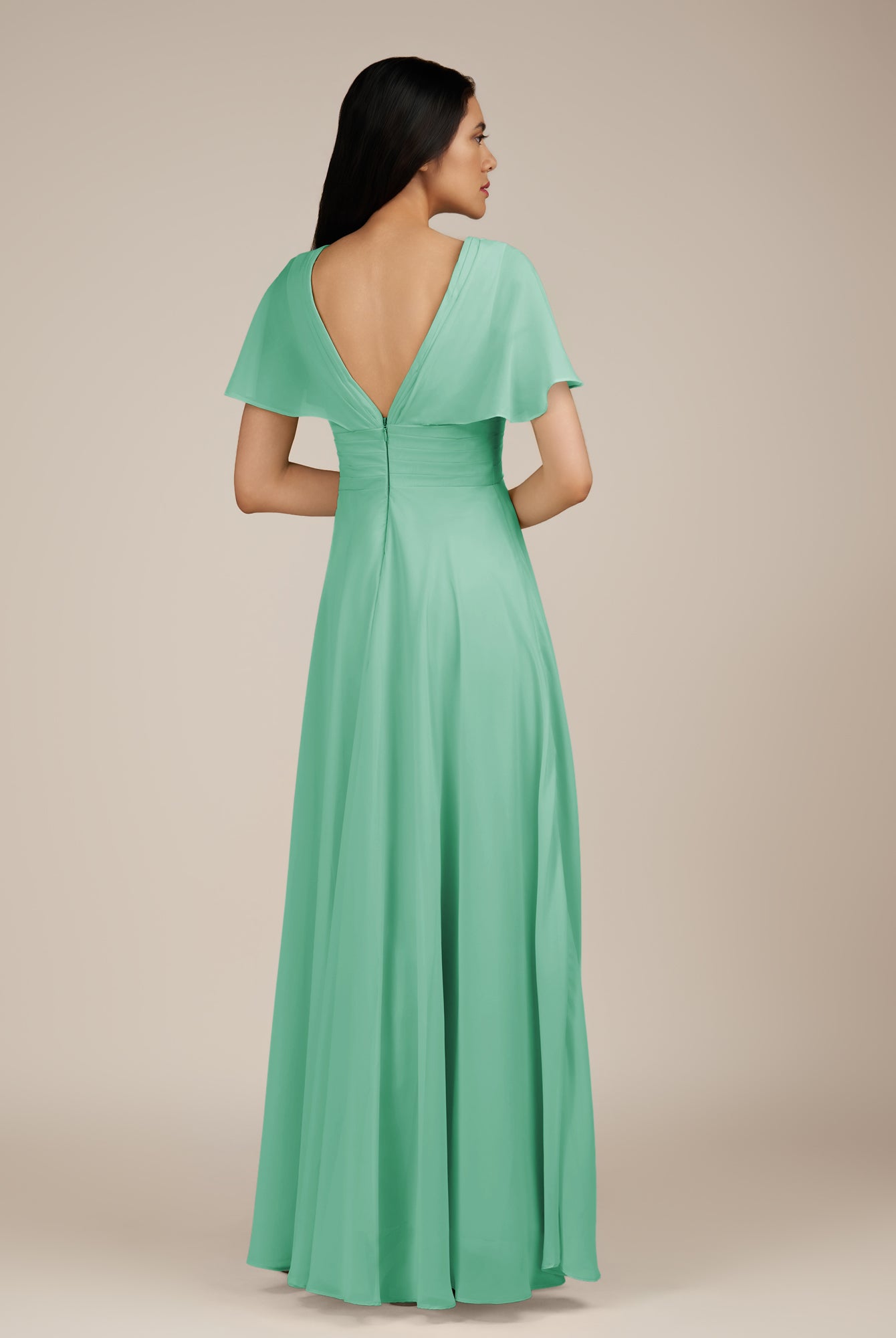 KissDress-Jasper Turquoise A Line Chiffon Cap Sleeves V Neck Long Bridesmaid Dress with Pleats