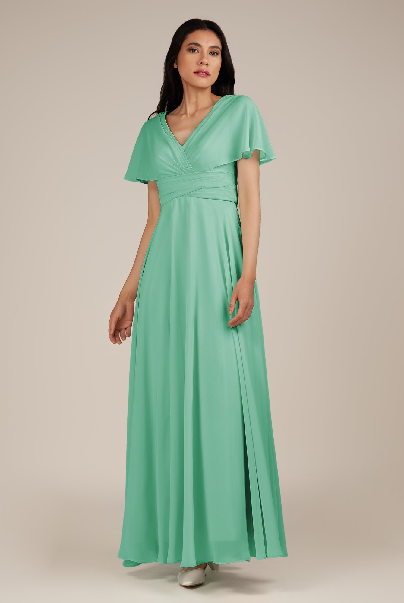 KissDress-Jasper Turquoise A Line Chiffon Cap Sleeves V Neck Long Bridesmaid Dress with Pleats