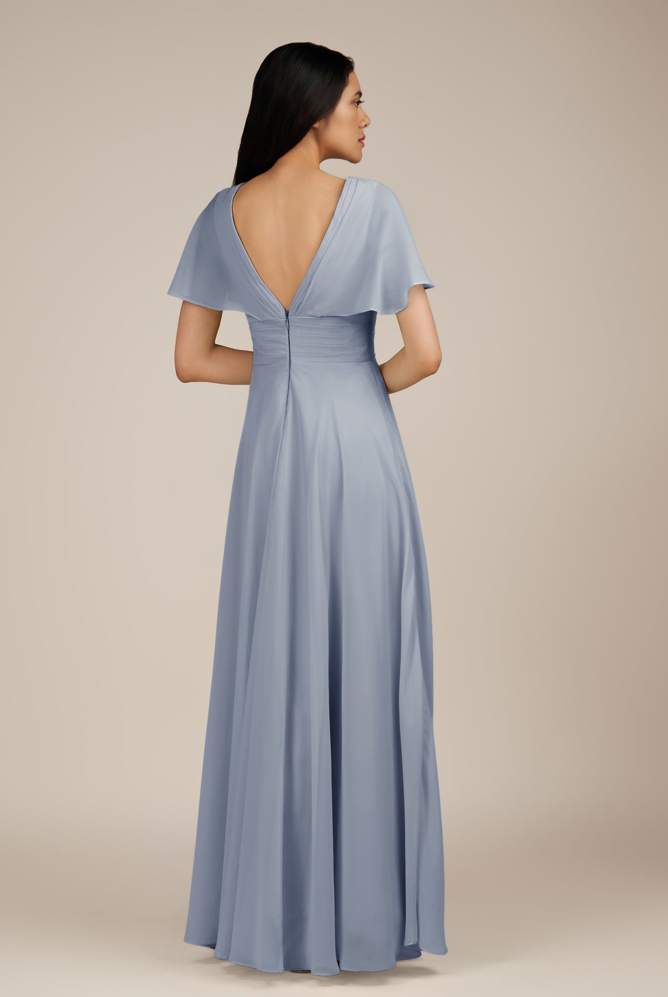 KissDress-Jasper Twilight A Line Chiffon Cap Sleeves V Neck Long Bridesmaid Dress with Pleats