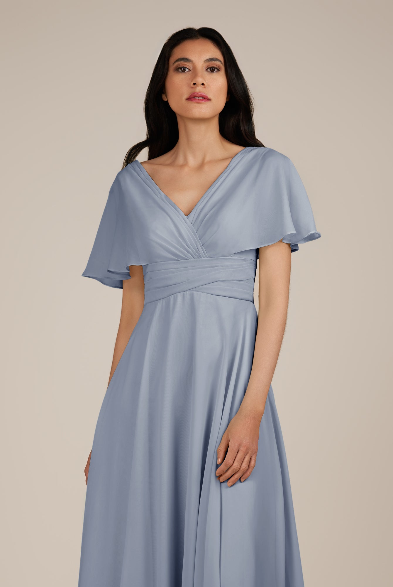 KissDress-Jasper Twilight A Line Chiffon Cap Sleeves V Neck Long Bridesmaid Dress with Pleats