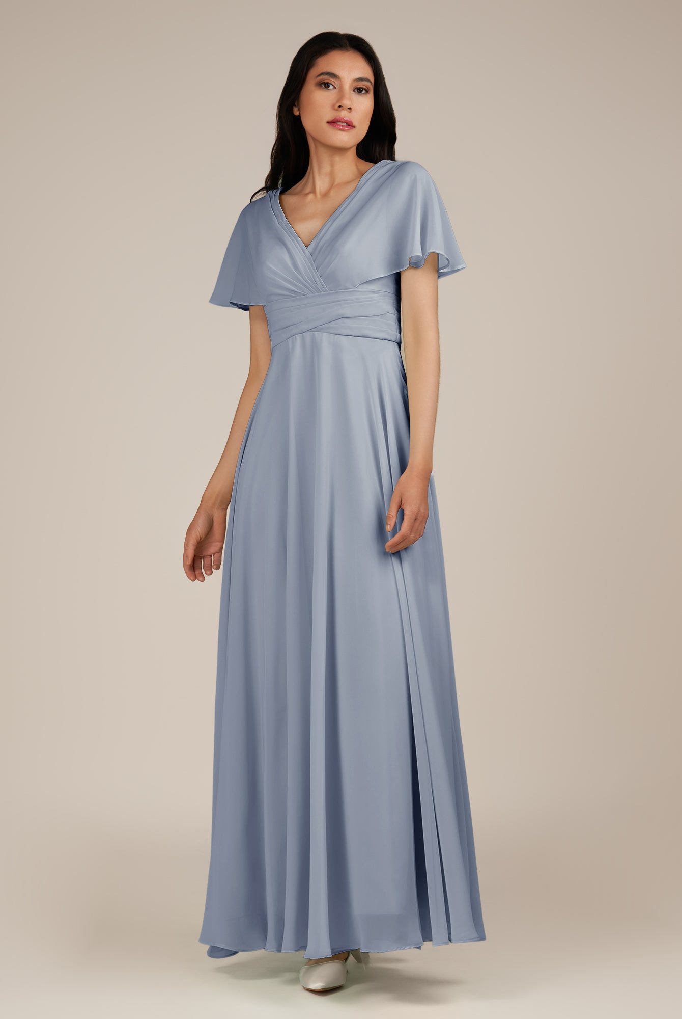 KissDress-Jasper Twilight A Line Chiffon Cap Sleeves V Neck Long Bridesmaid Dress with Pleats