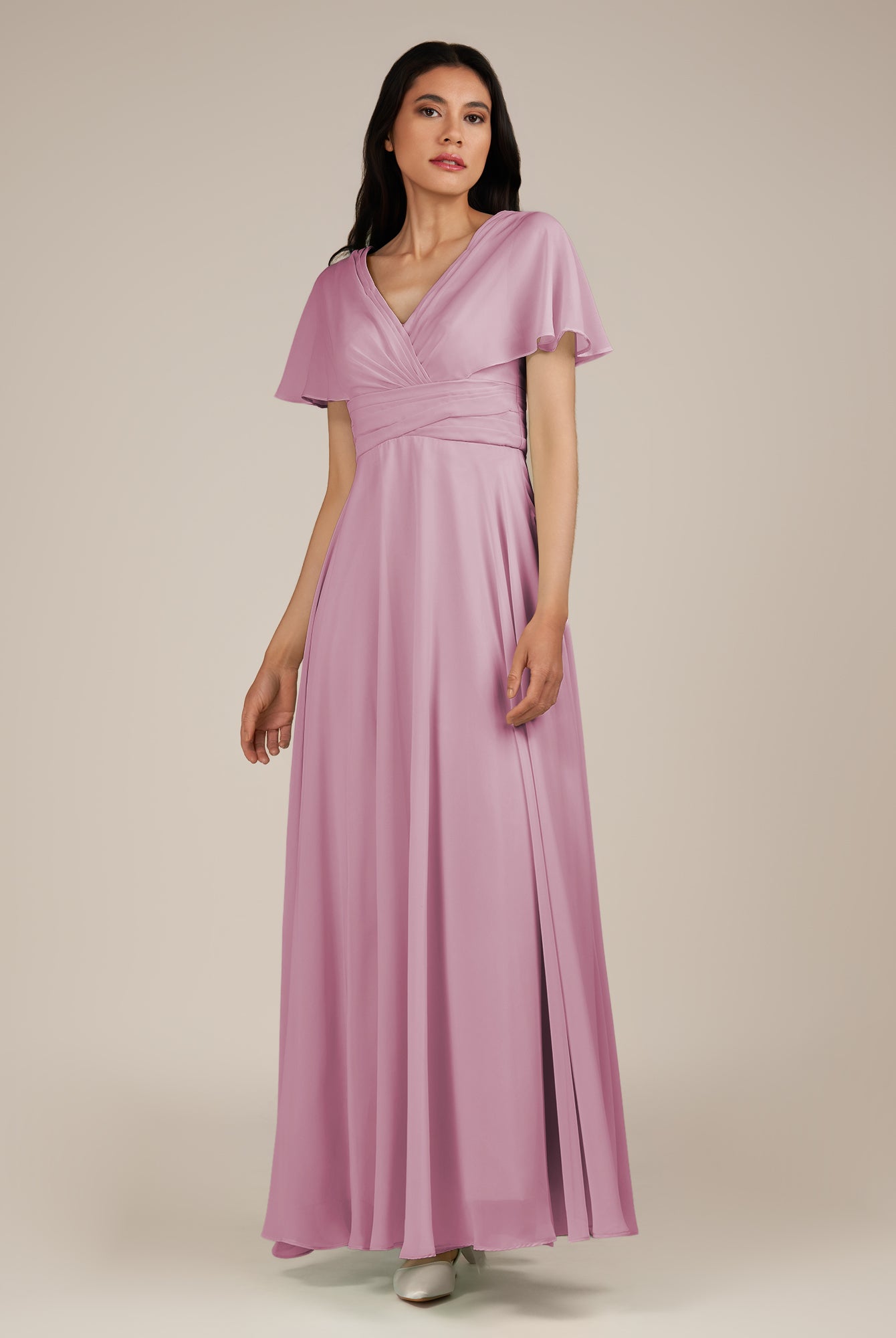 KissDress-Jasper Vintage Mauve A Line Chiffon Cap Sleeves V Neck Long Bridesmaid Dress with Pleats