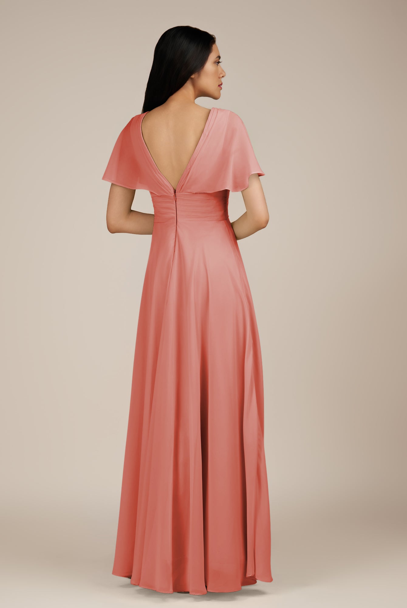 KissDress-Jasper Wild Rose A Line Chiffon Cap Sleeves V Neck Long Bridesmaid Dress with Pleats