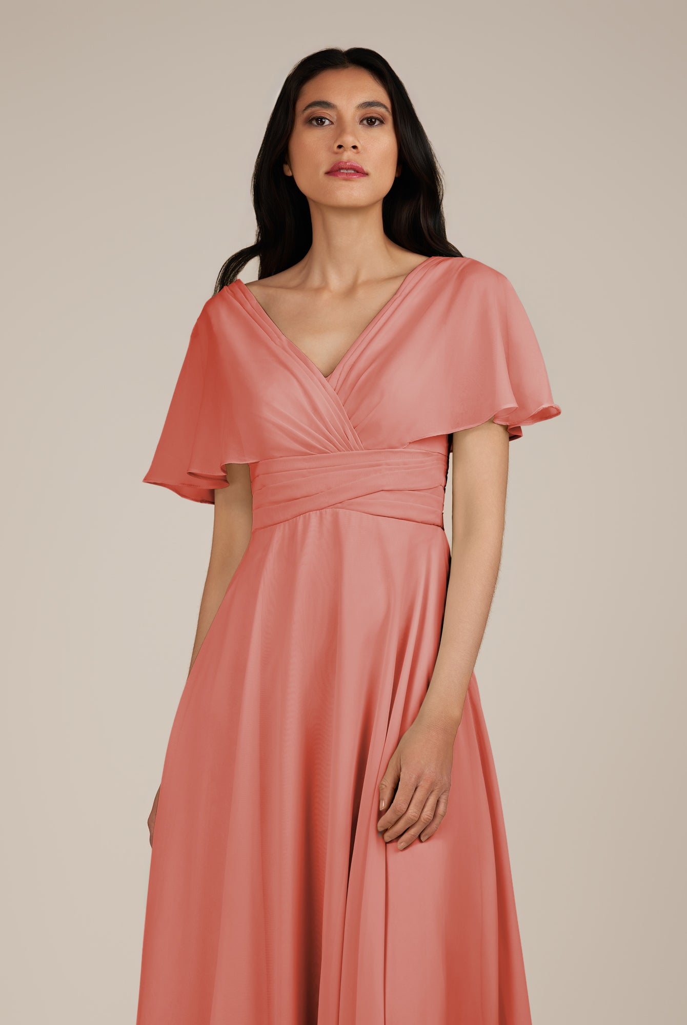 KissDress-Jasper Wild Rose A Line Chiffon Cap Sleeves V Neck Long Bridesmaid Dress with Pleats