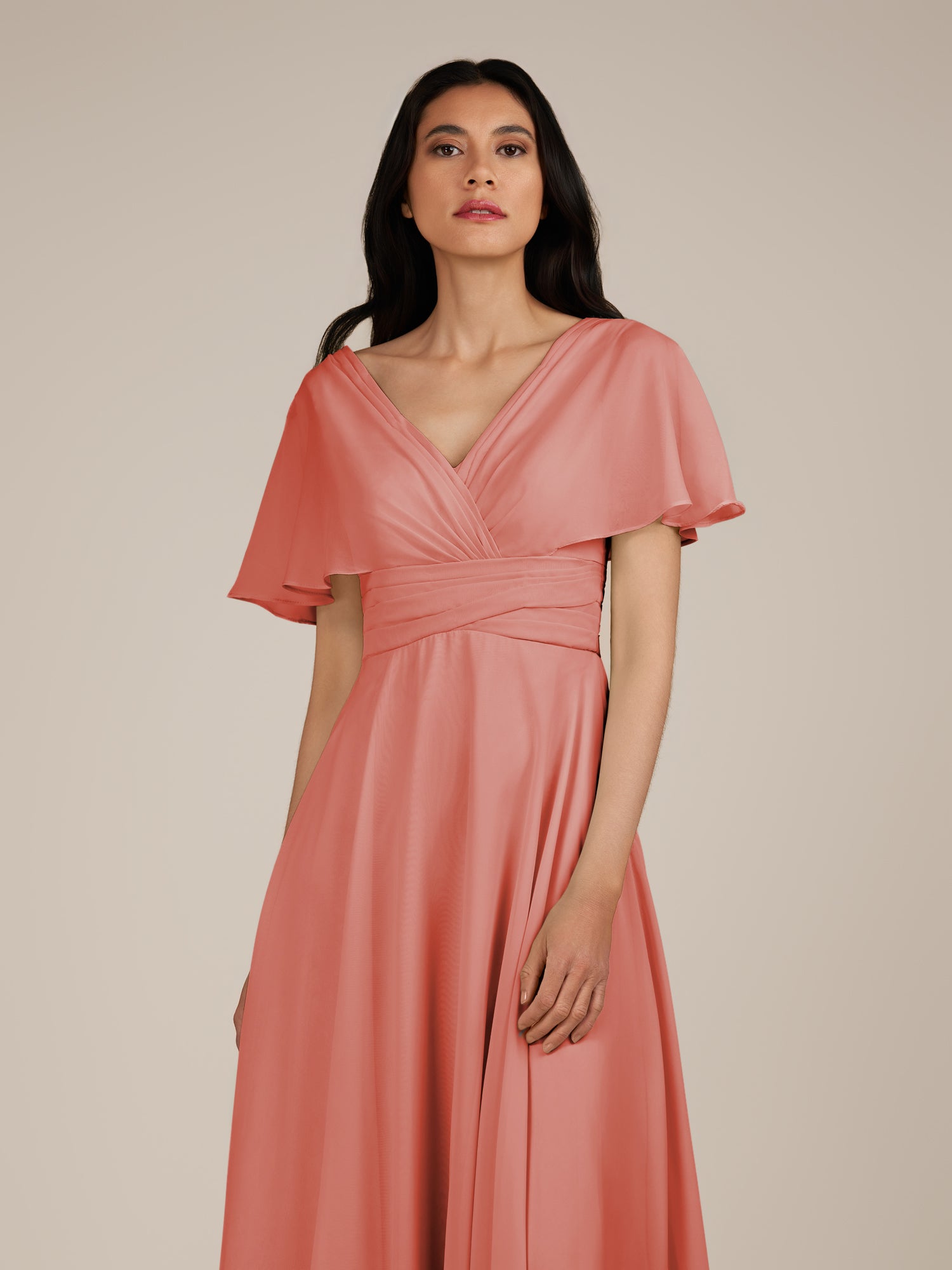 KissDress-Jasper Wild Rose A Line Chiffon Cap Sleeves V Neck Long Bridesmaid Dress with Pleats