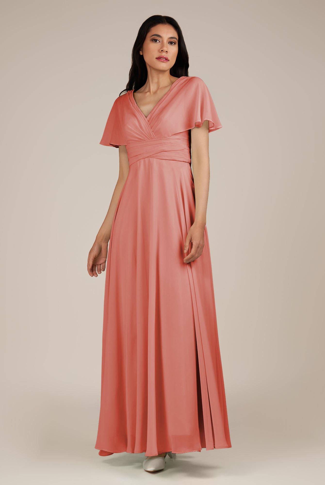 KissDress-Jasper Wild Rose A Line Chiffon Cap Sleeves V Neck Long Bridesmaid Dress with Pleats