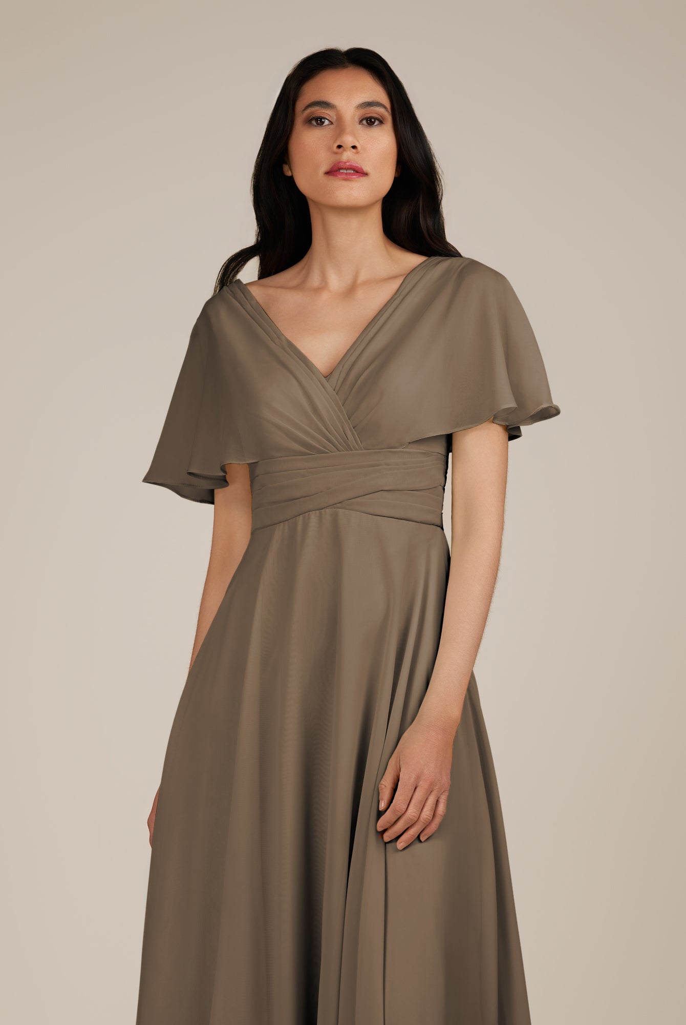 KissDress-Jasper Willow Green A Line Chiffon Cap Sleeves V Neck Long Bridesmaid Dress with Pleats