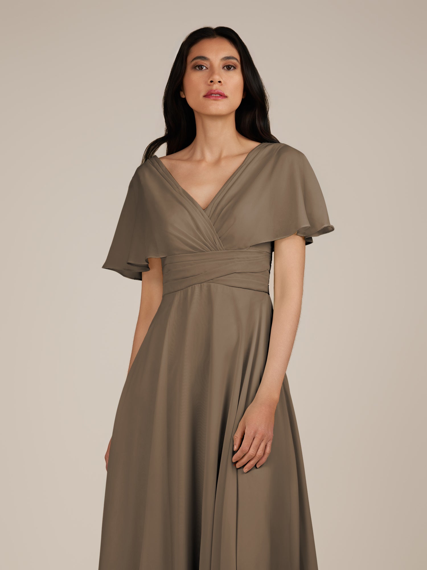 KissDress-Jasper Willow Green A Line Chiffon Cap Sleeves V Neck Long Bridesmaid Dress with Pleats