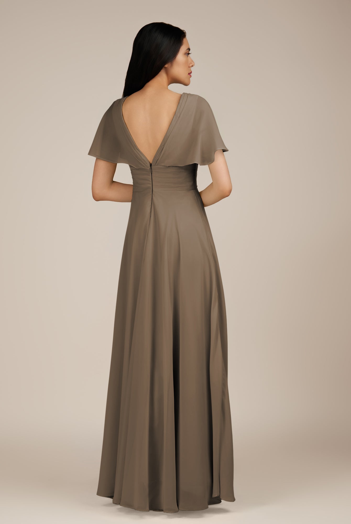 KissDress-Jasper Willow Green A Line Chiffon Cap Sleeves V Neck Long Bridesmaid Dress with Pleats