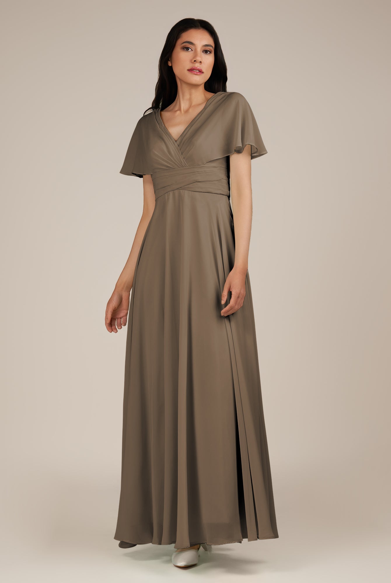 KissDress-Jasper Willow Green A Line Chiffon Cap Sleeves V Neck Long Bridesmaid Dress with Pleats