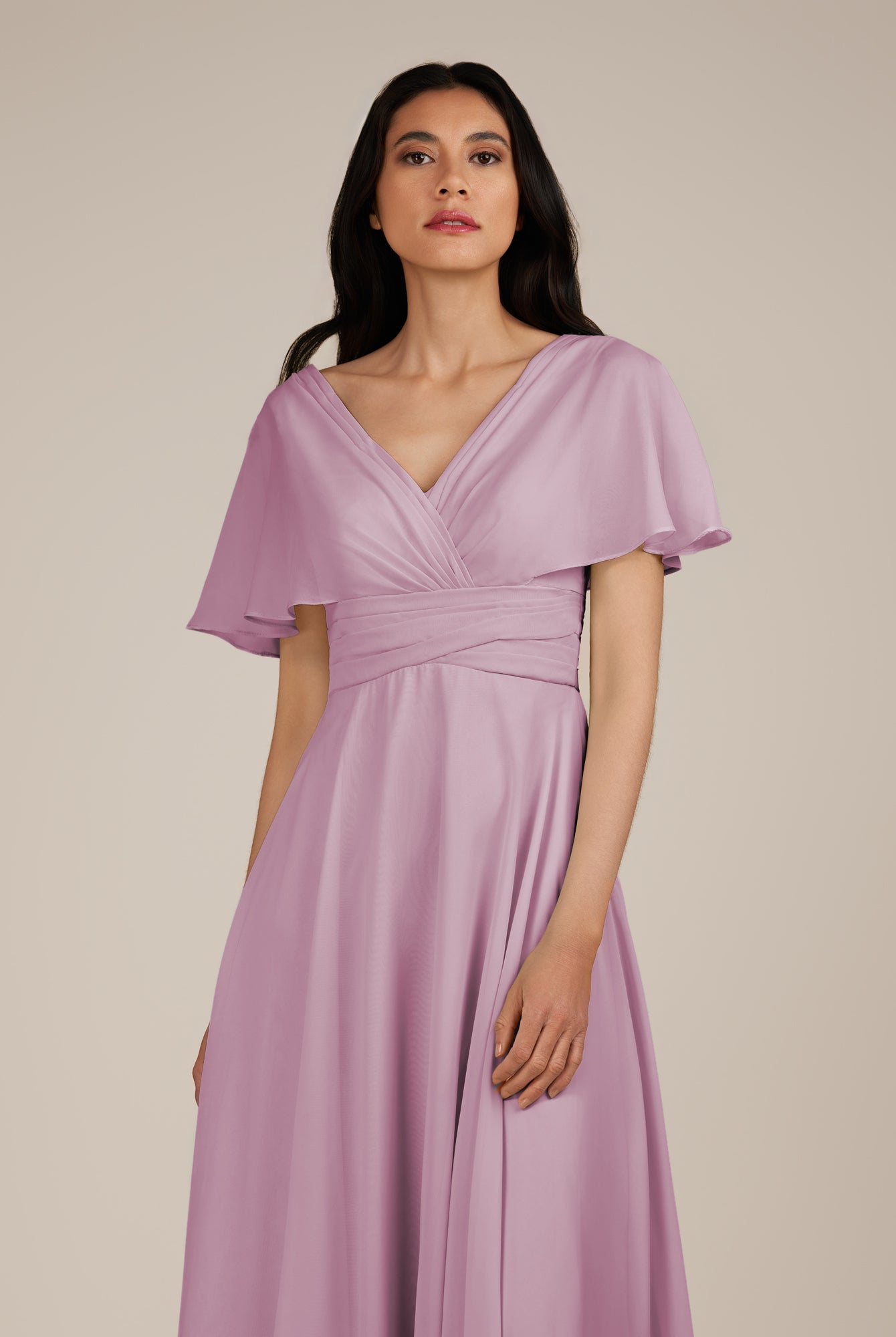 KissDress-Jasper Wisteria A Line Chiffon Cap Sleeves V Neck Long Bridesmaid Dress with Pleats