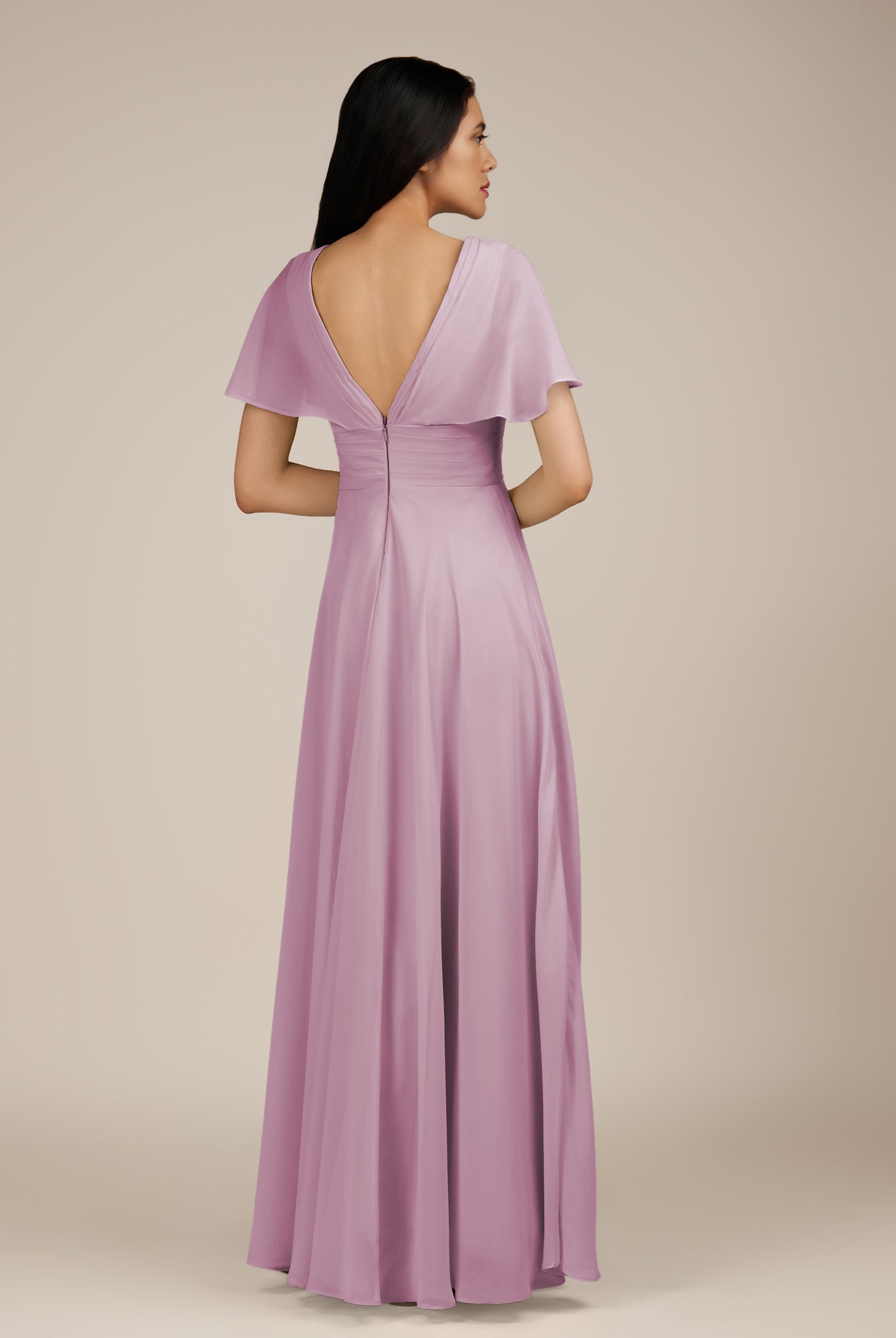 KissDress-Jasper Wisteria A Line Chiffon Cap Sleeves V Neck Long Bridesmaid Dress with Pleats