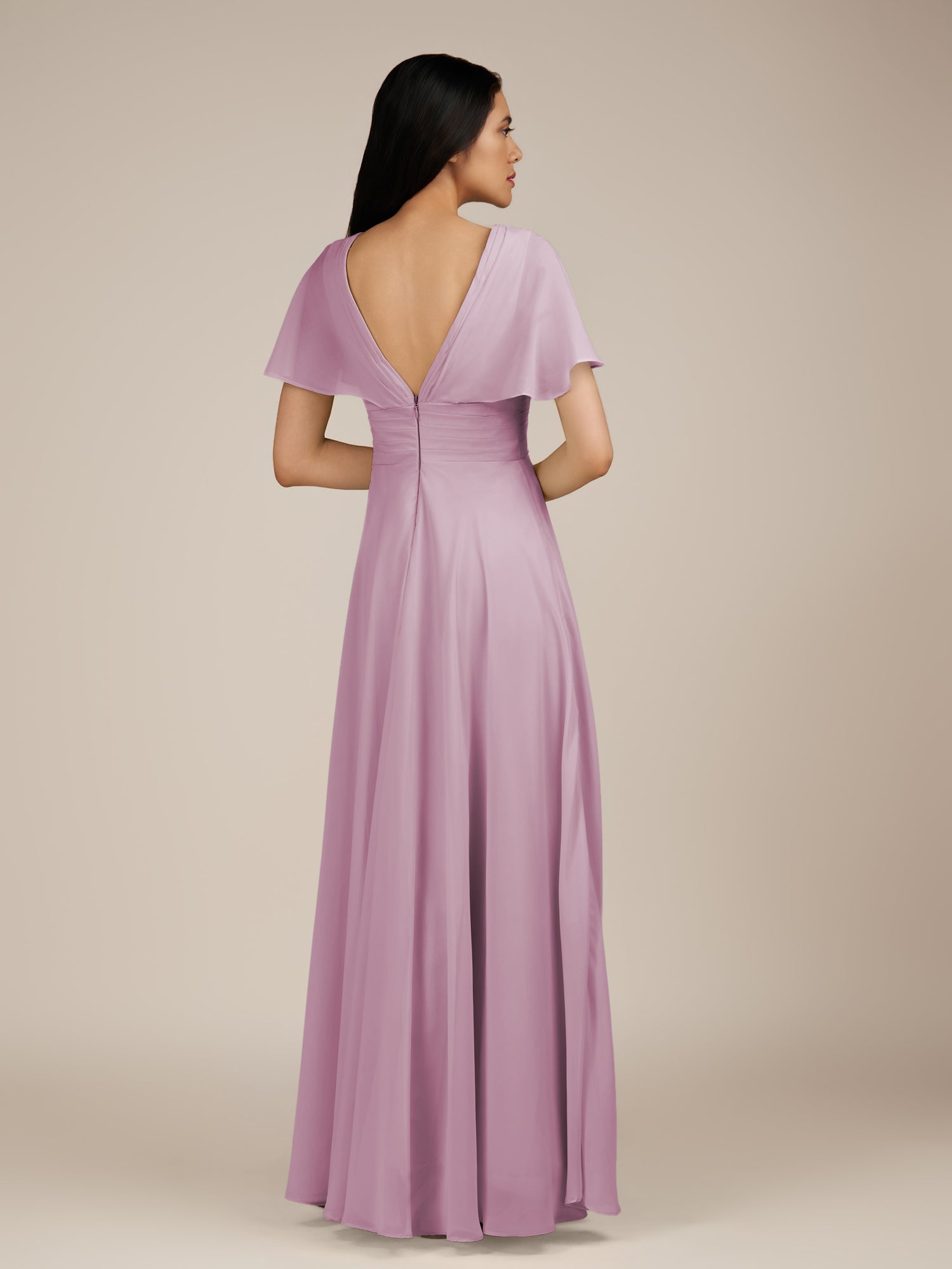 KissDress-Jasper Wisteria A Line Chiffon Cap Sleeves V Neck Long Bridesmaid Dress with Pleats