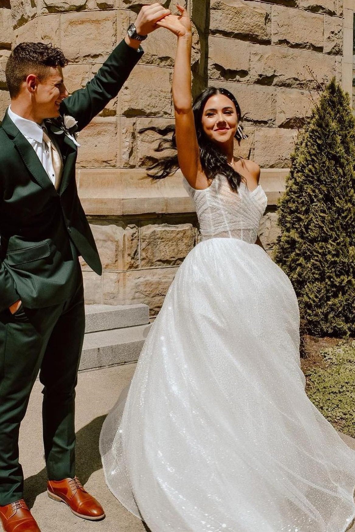 Sparkly Blush Pink Off-the-Shoulder Surplice Long Prom Dress