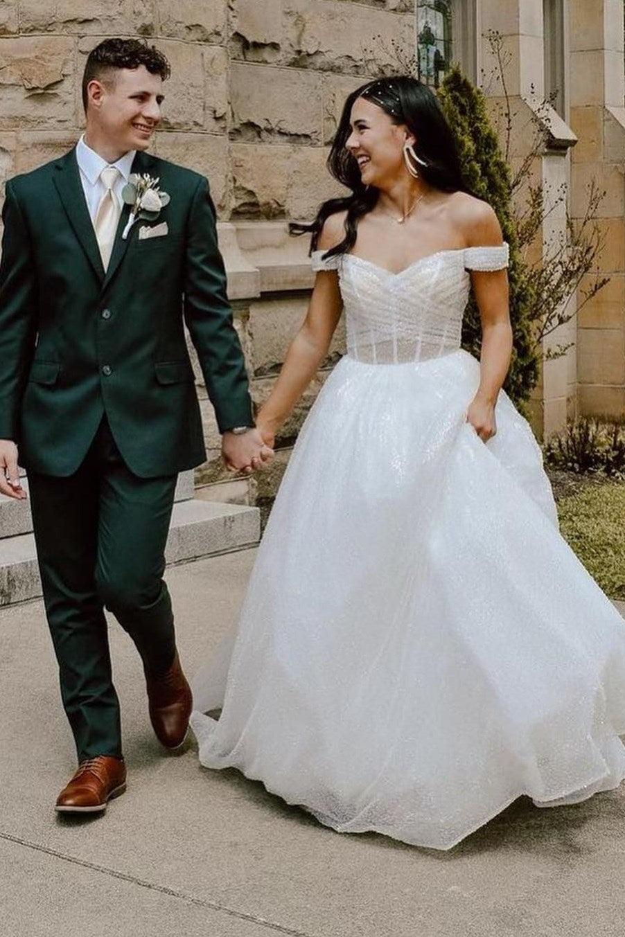 Sparkly Blush Pink Off-the-Shoulder Surplice Long Prom Dress