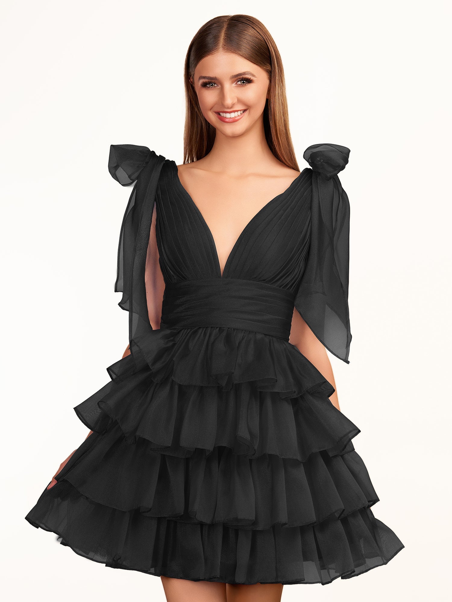 KissDress Trendy A-Line Royal Blue Tiered Homecoming Dress with Bow | Crafted from durable polyester, the V-neckline frames your face beautifully. Shine bright on your special night in this comfortable and luxurious dress.