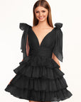 KissDress Trendy A-Line Royal Blue Tiered Homecoming Dress with Bow | Crafted from durable polyester, the V-neckline frames your face beautifully. Shine bright on your special night in this comfortable and luxurious dress.