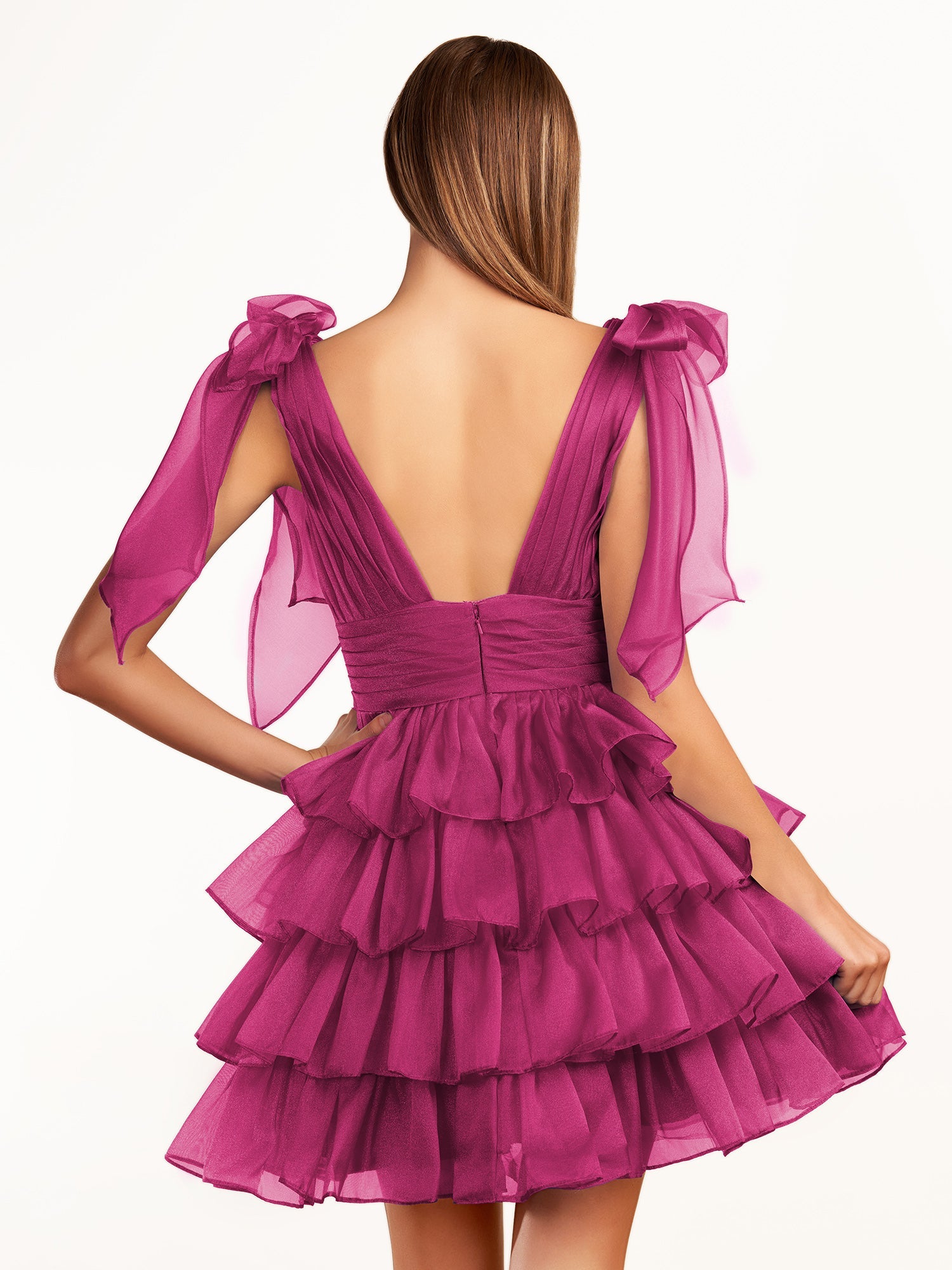 KissDress Trendy A-Line Royal Blue Tiered Homecoming Dress with Bow | Crafted from durable polyester, the V-neckline frames your face beautifully. Shine bright on your special night in this comfortable and luxurious dress.